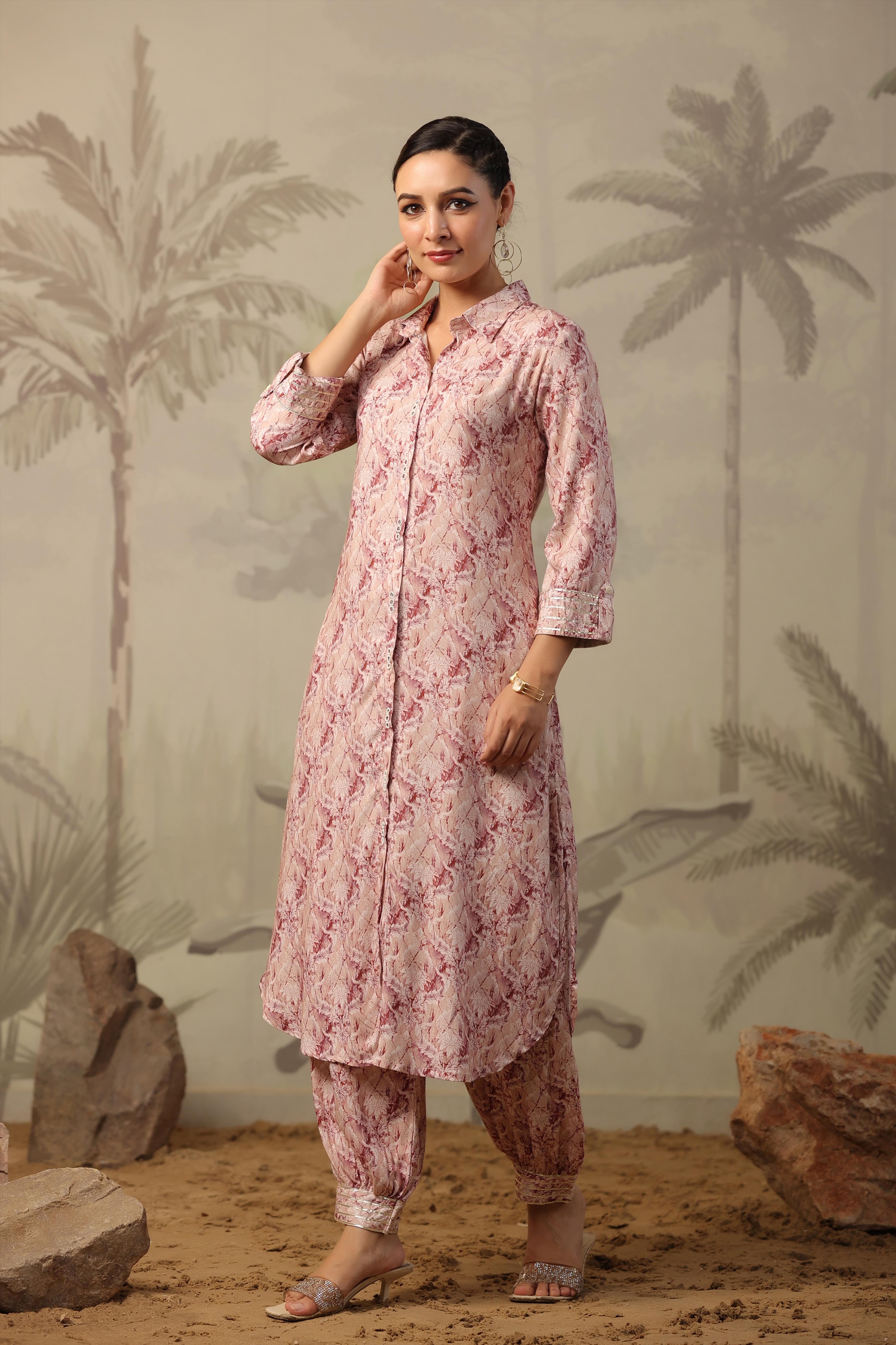 Mauve Pink Digital Printed Spanish Silk Pathani Suit Set