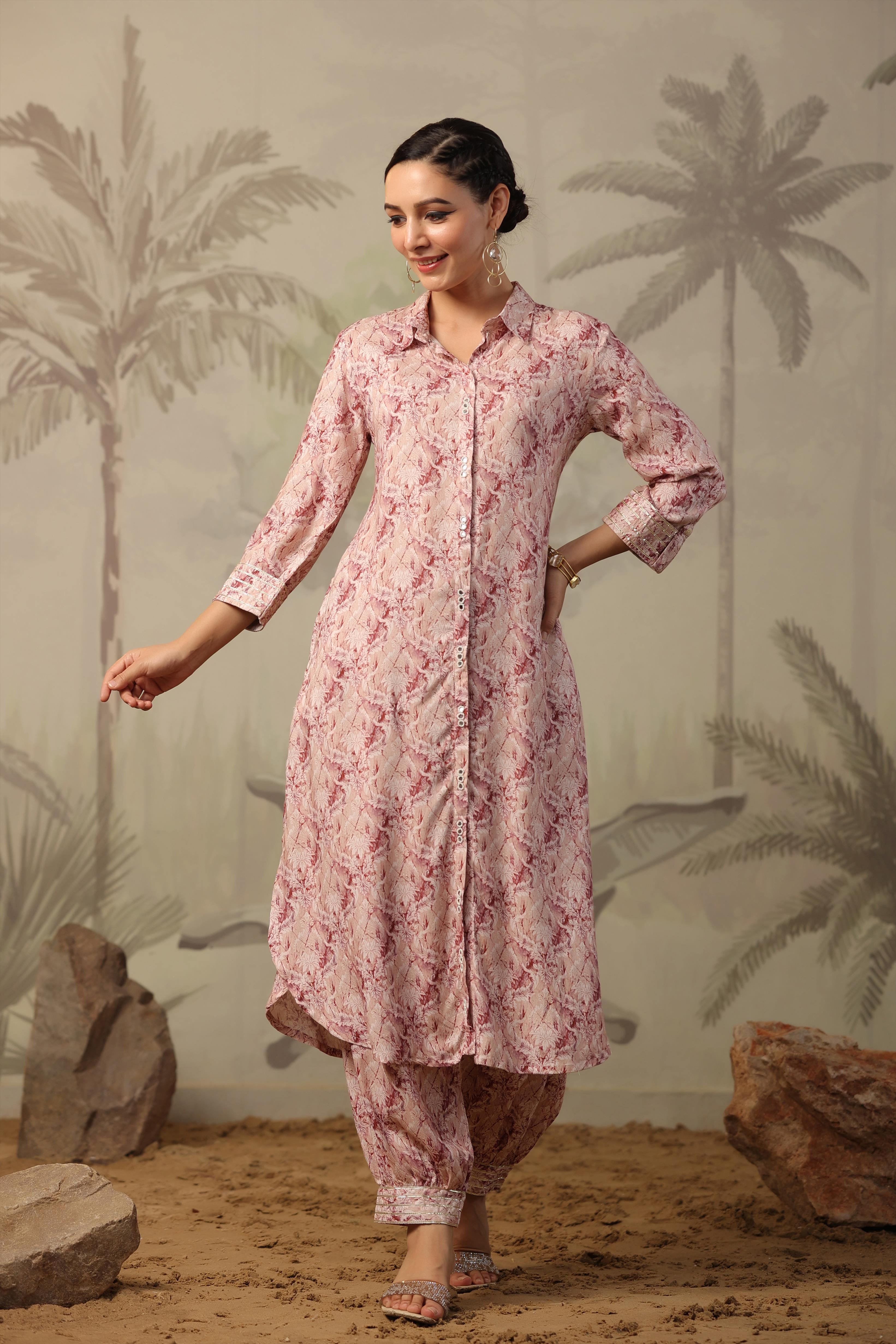 Mauve Pink Digital Printed Spanish Silk Pathani Suit Set