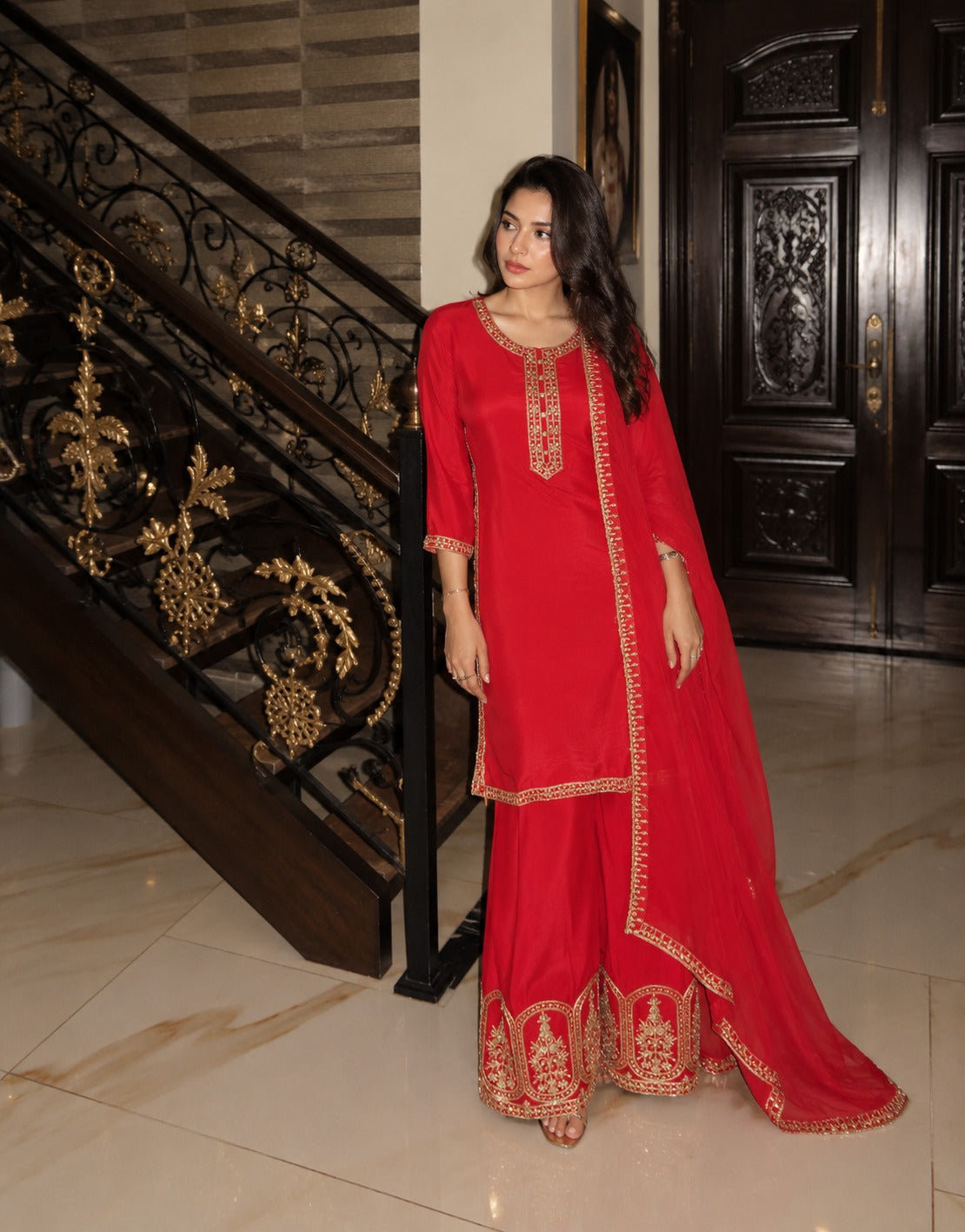 Red Scarlet Embellished Crepe Silk Palazzo Set