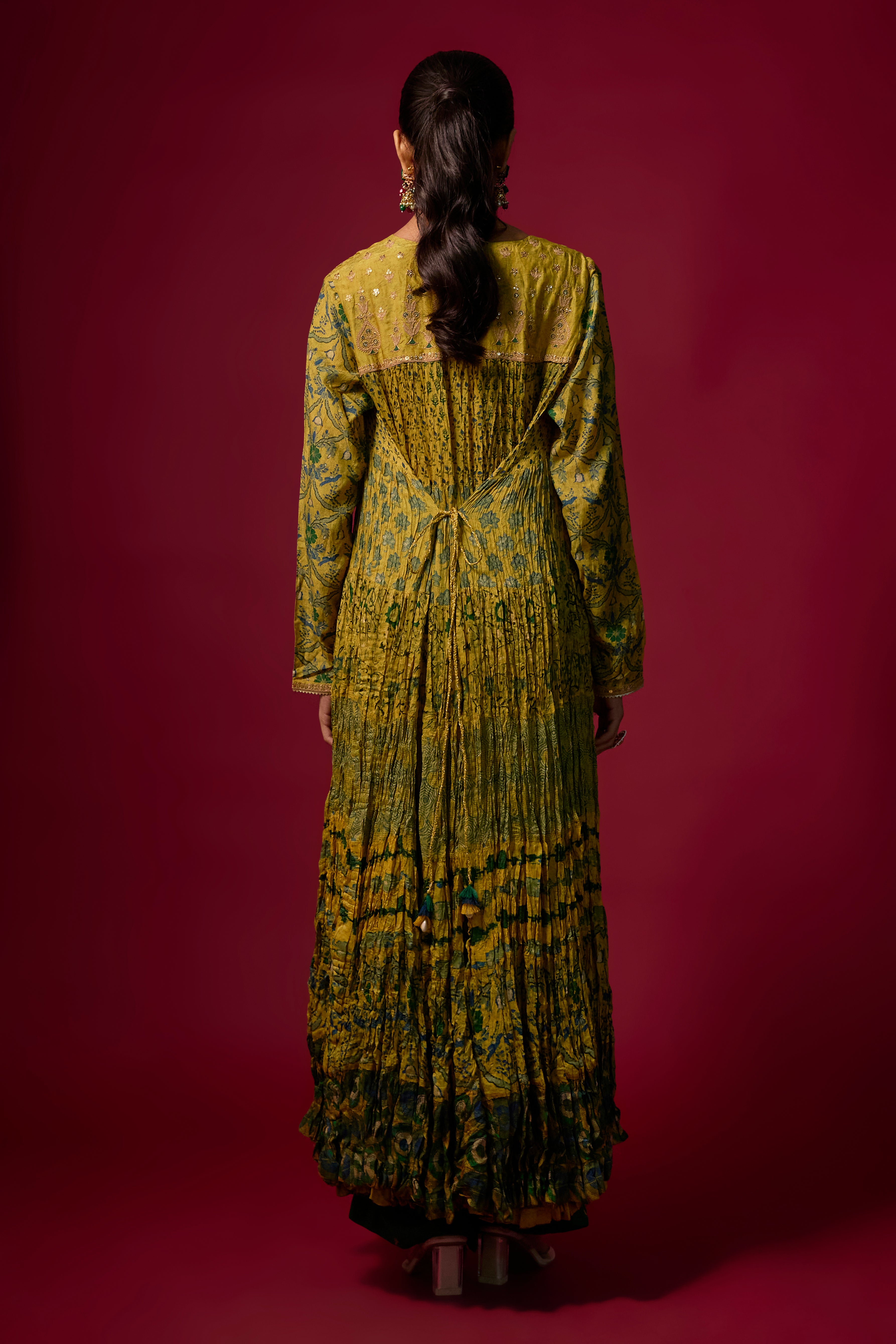 Mustard Yellow Printed Cotton Linen Anarkali Set