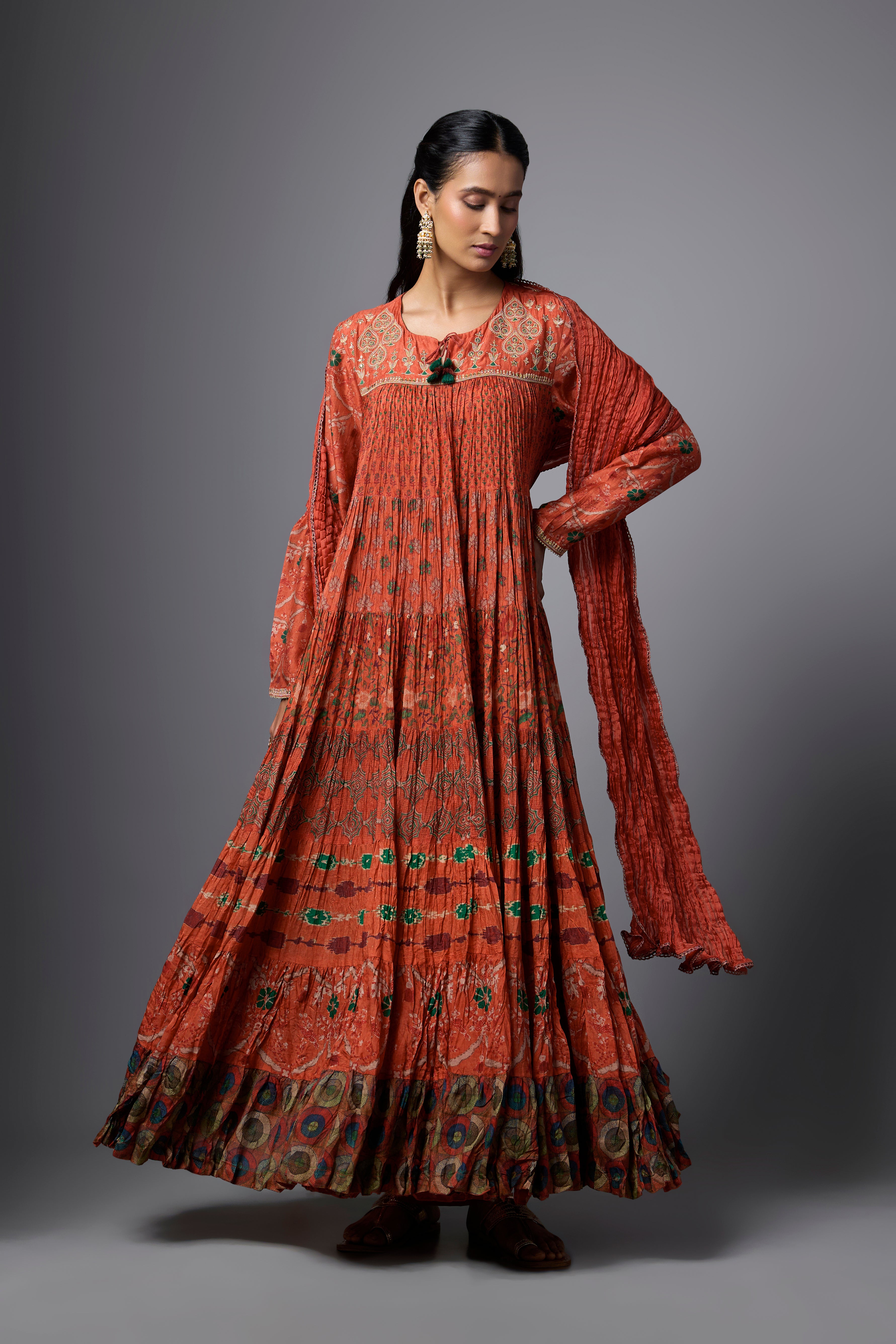 Orange Printed Cotton Linen Anarkali Set