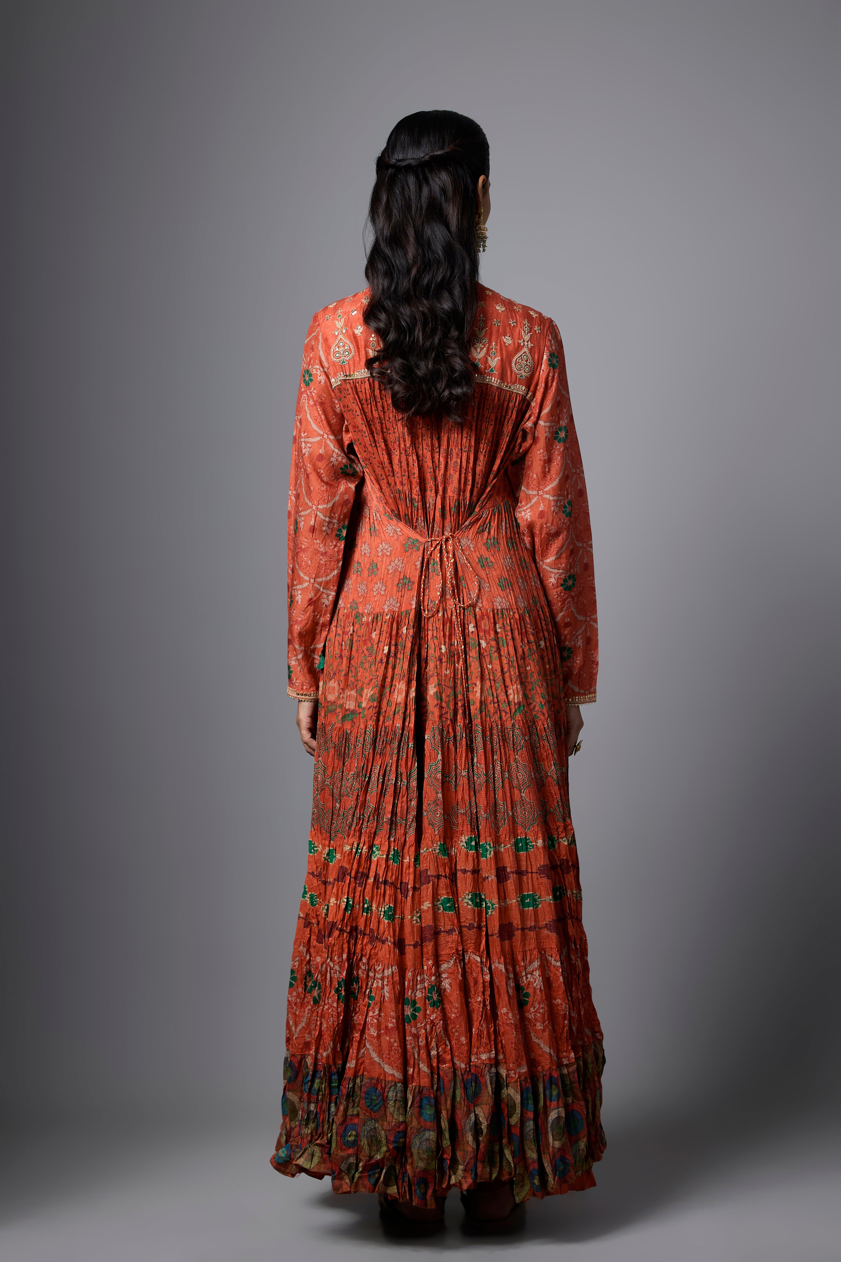 Orange Printed Cotton Linen Anarkali Set