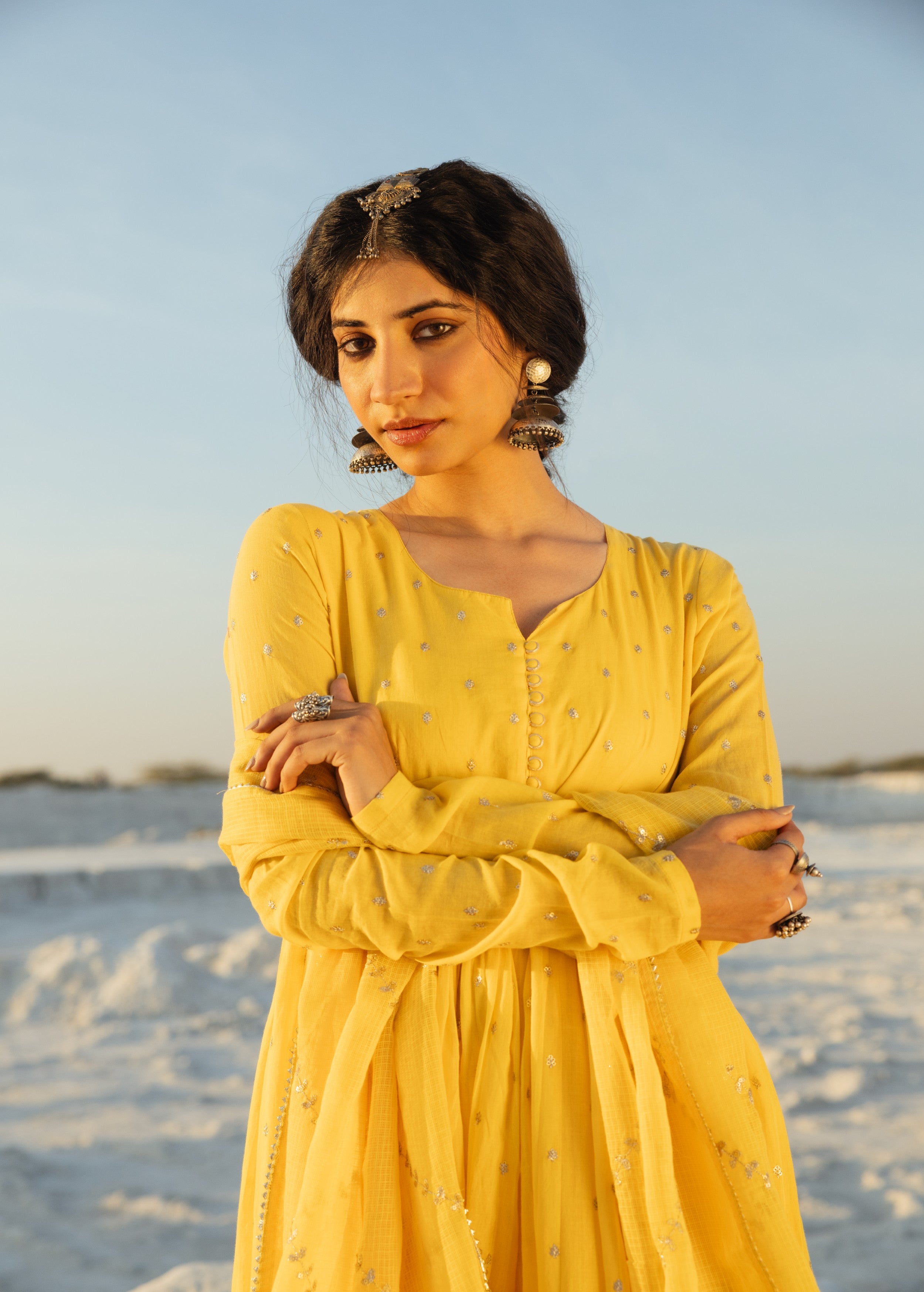 Bright Yellow Embellished Mul Cotton Anarkali Set