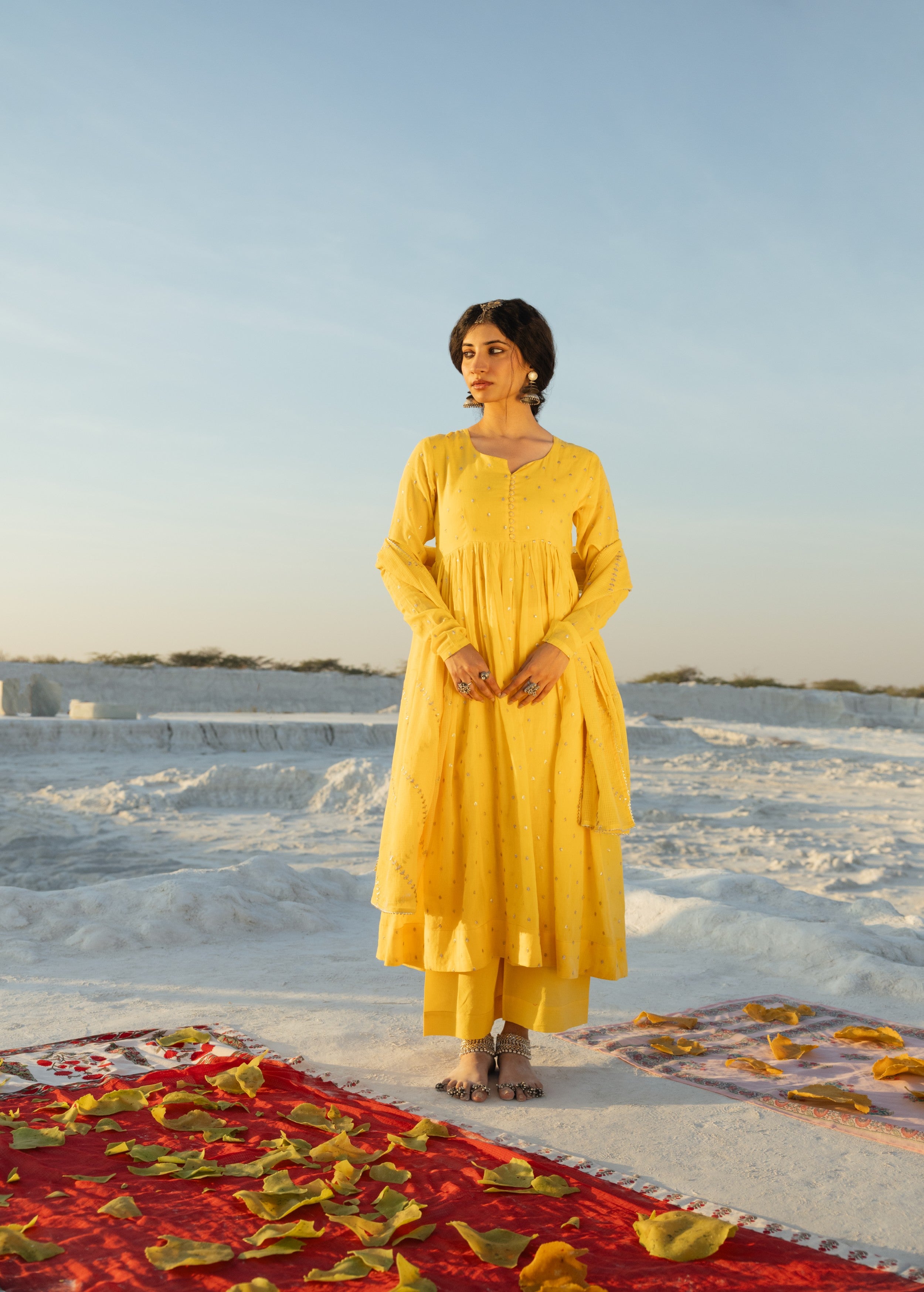 Bright Yellow Embellished Mul Cotton Anarkali Set