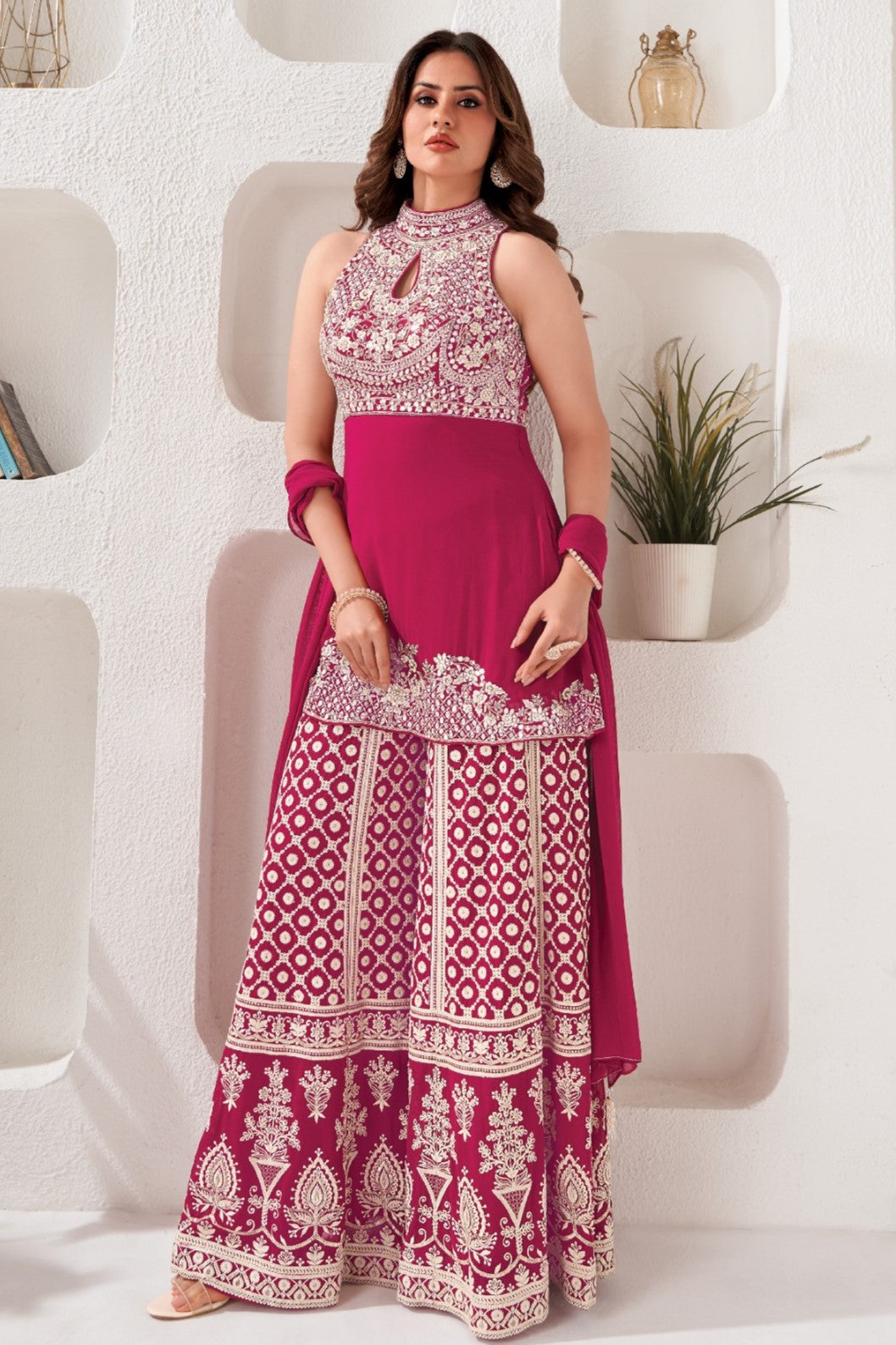 Deep Fuchsia Hand Embellished Georgette Silk Palazzo Set