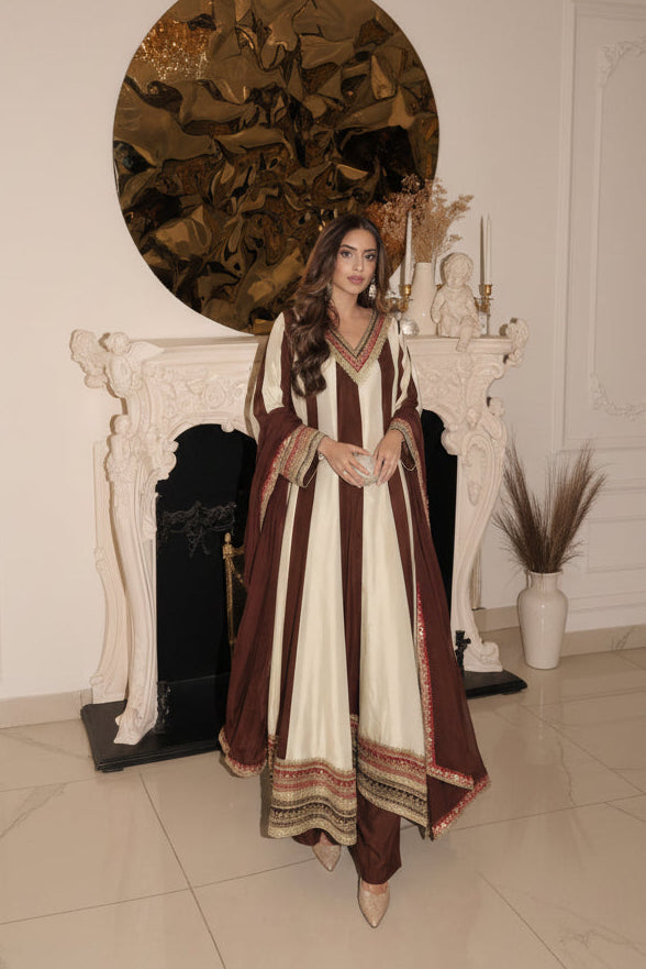 Chocolate Ivory Emebllished Pure Crepe Silk Anarkali Set