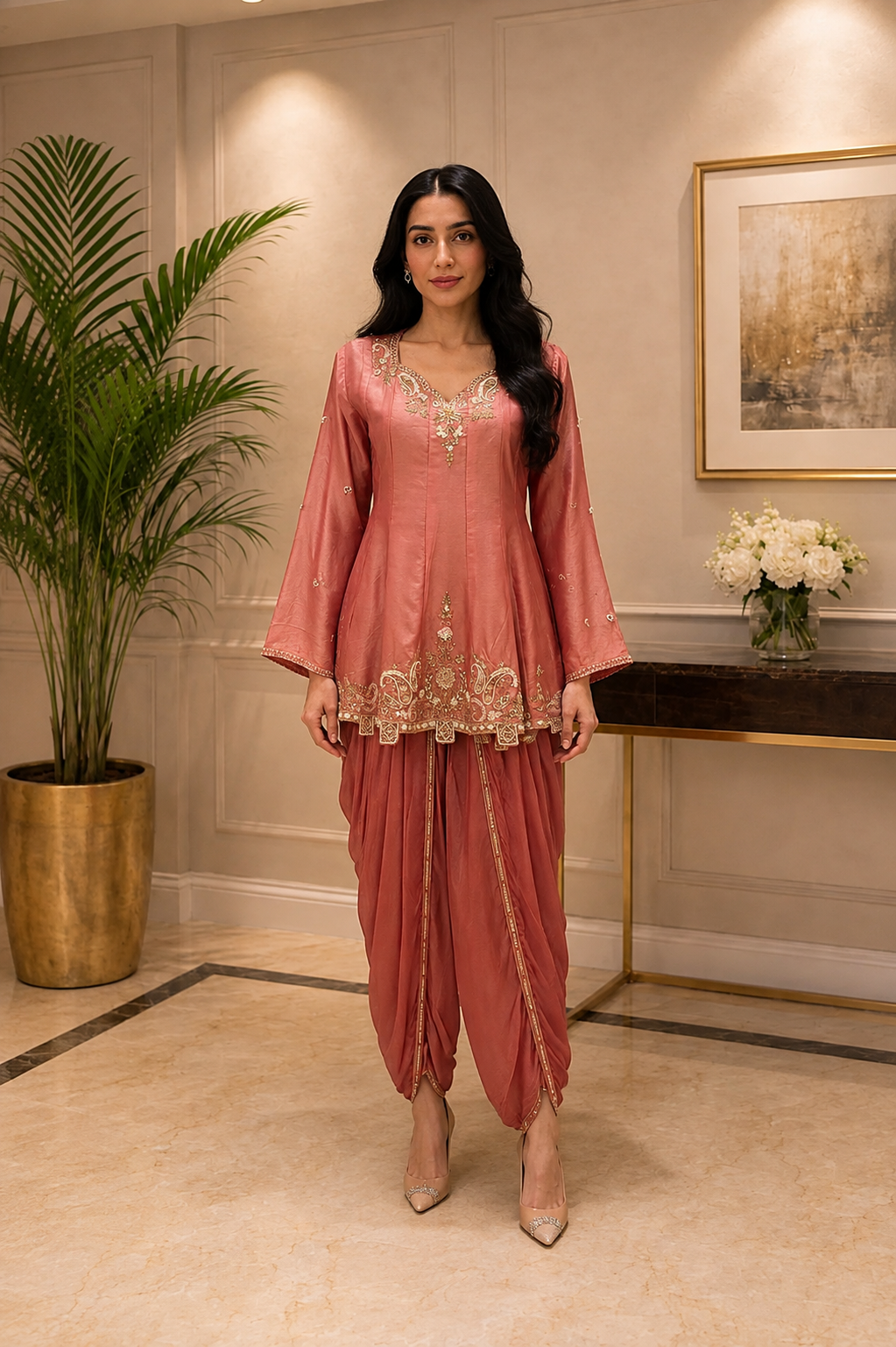 Pink Petal Embellished Crepe Silk Dhoti Set