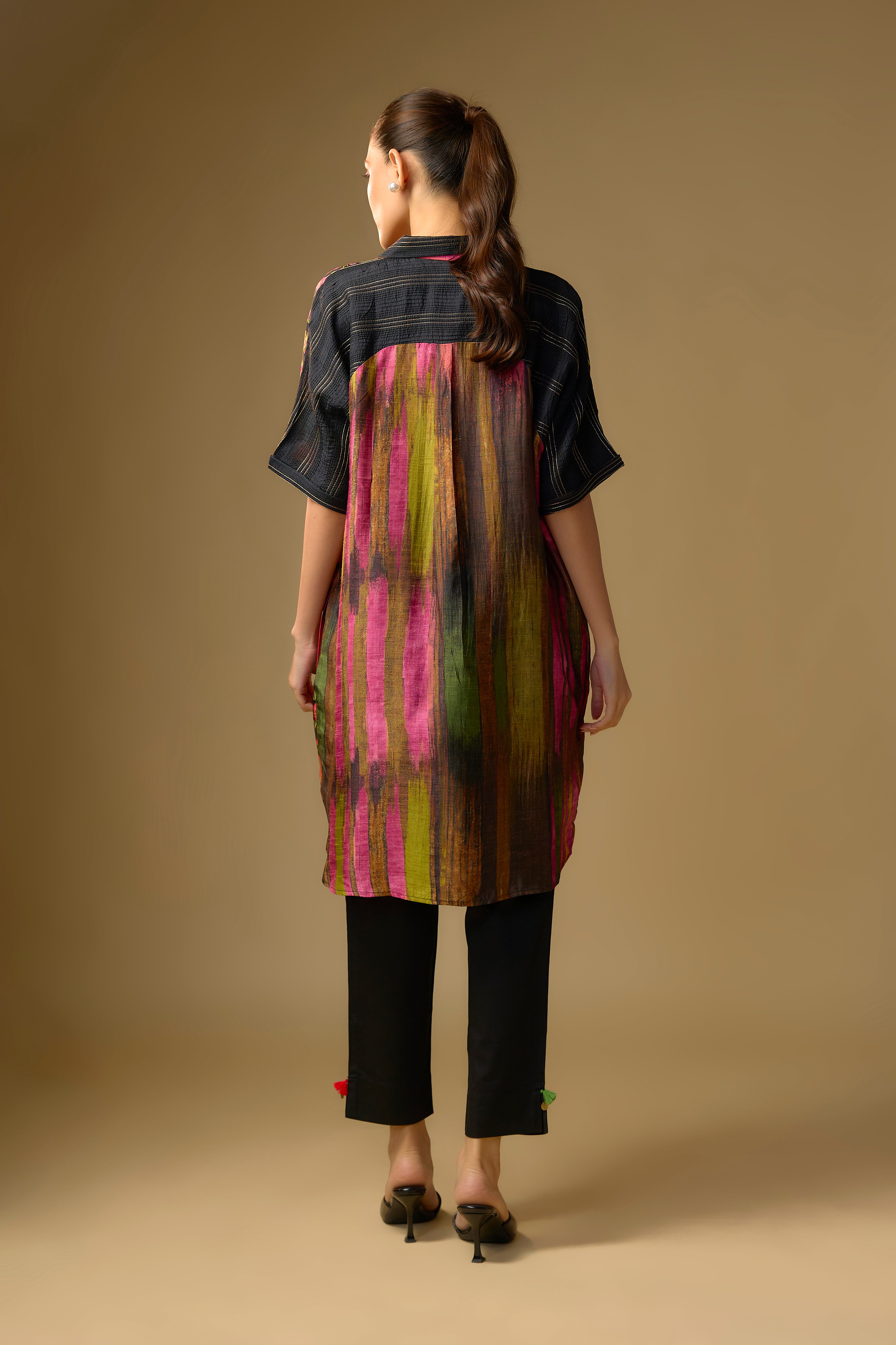 Black Printed Slub Cotton Silk Tunic Top