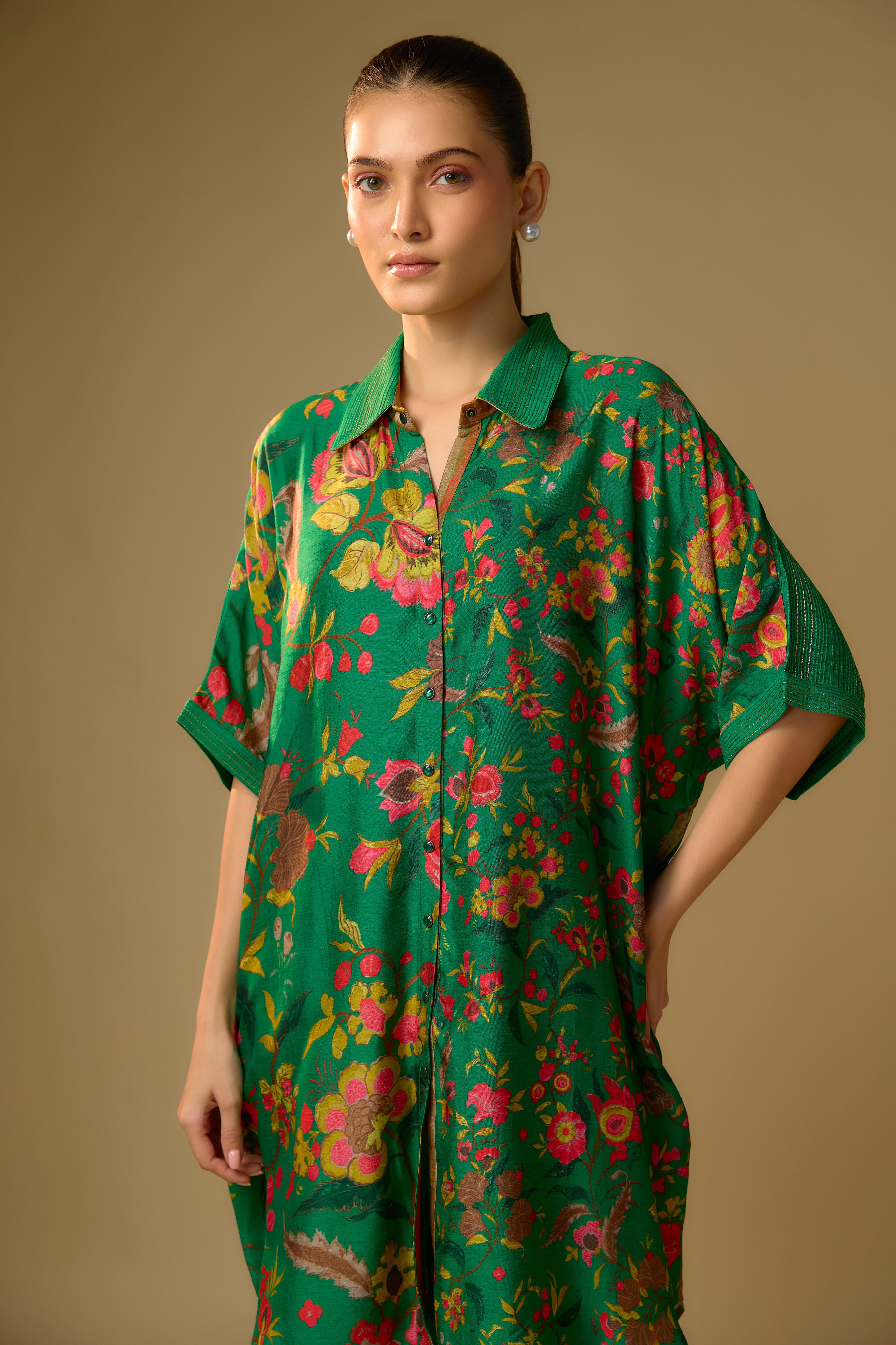 Summer Green Printed Slub Cotton Silk Tunic Top