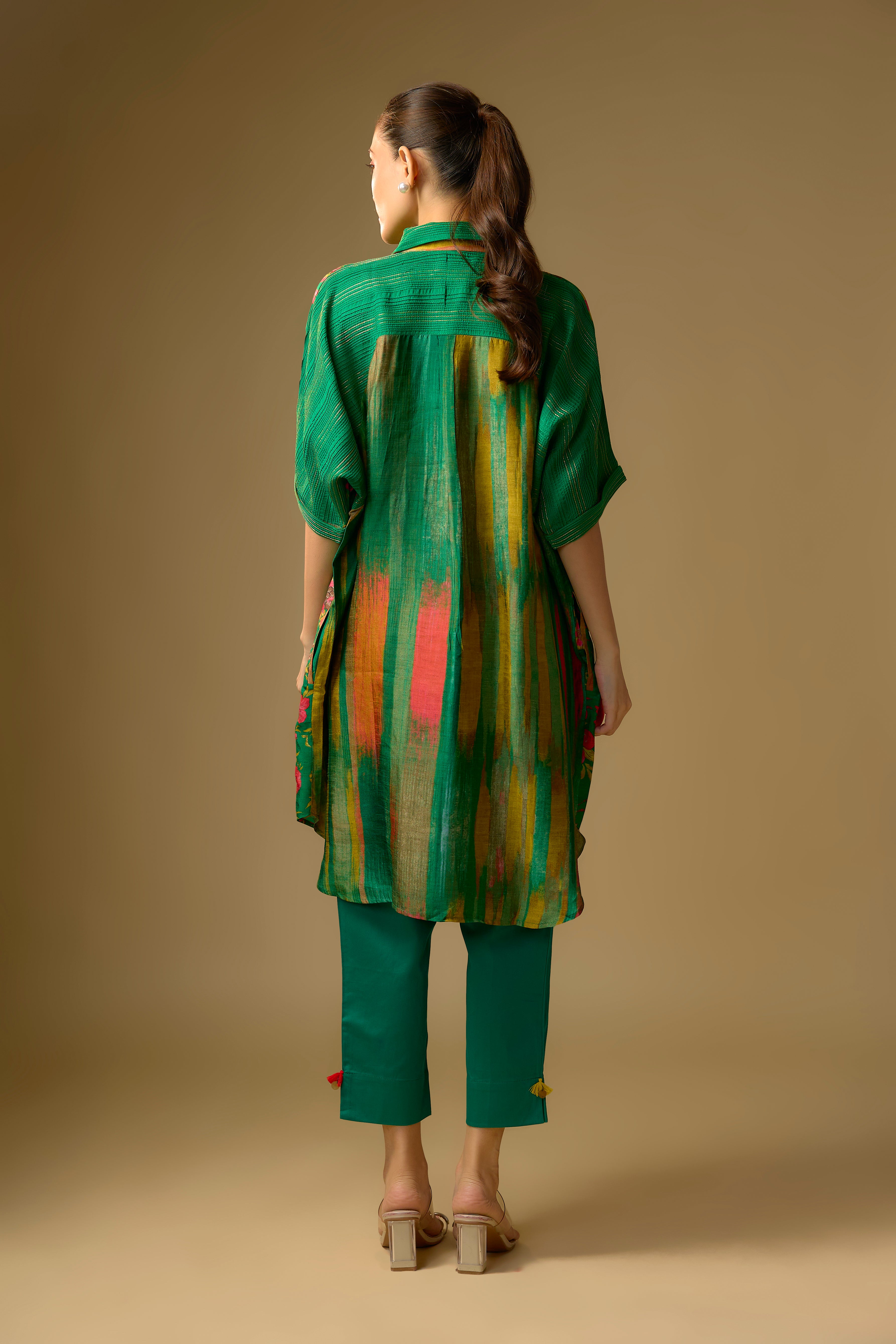 Summer Green Printed Slub Cotton Silk Tunic Top