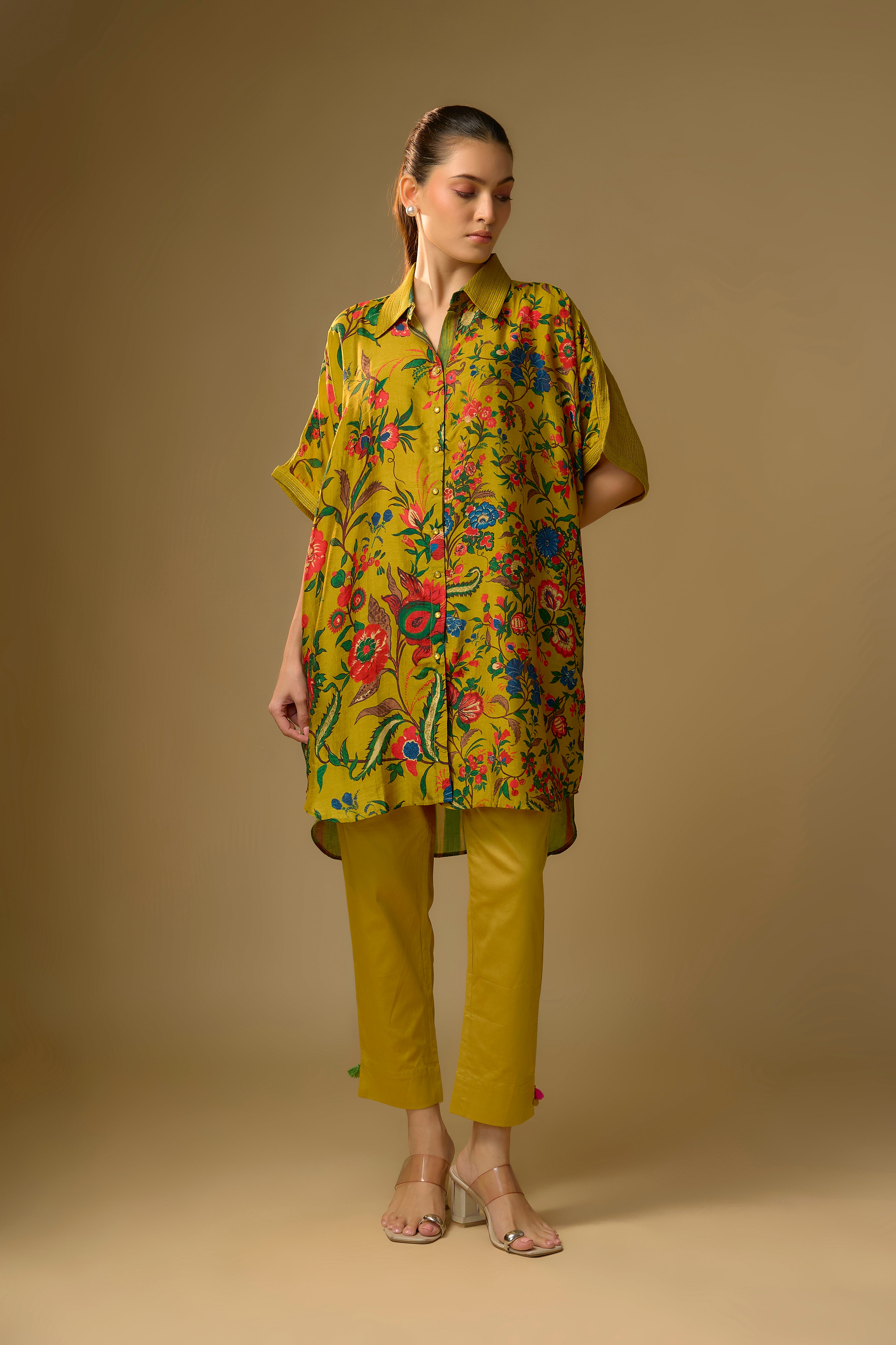 Summer Yellow Printed Slub Cotton Silk Tunic Top