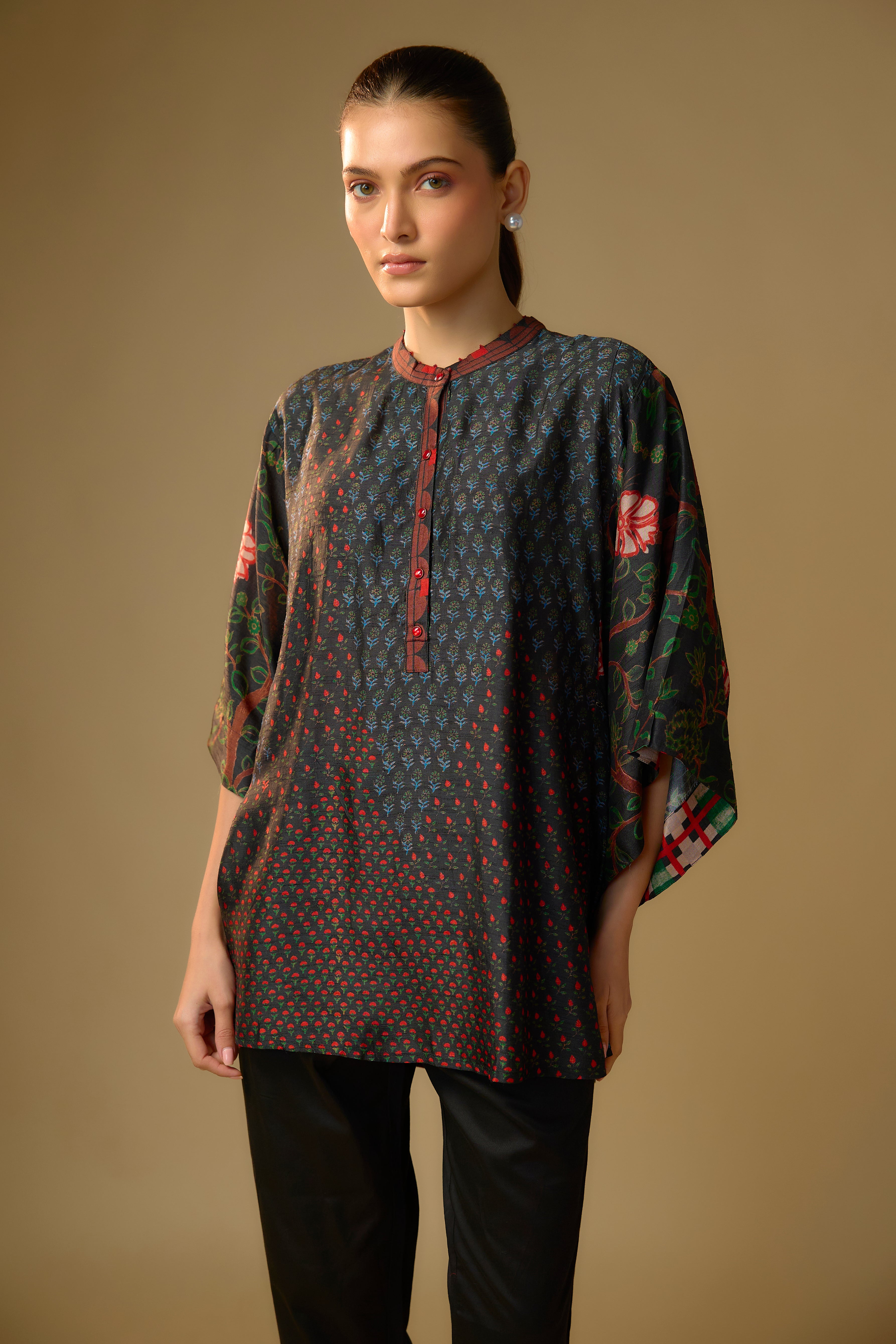 Black Printed Slub Cotton Silk Tunic Top