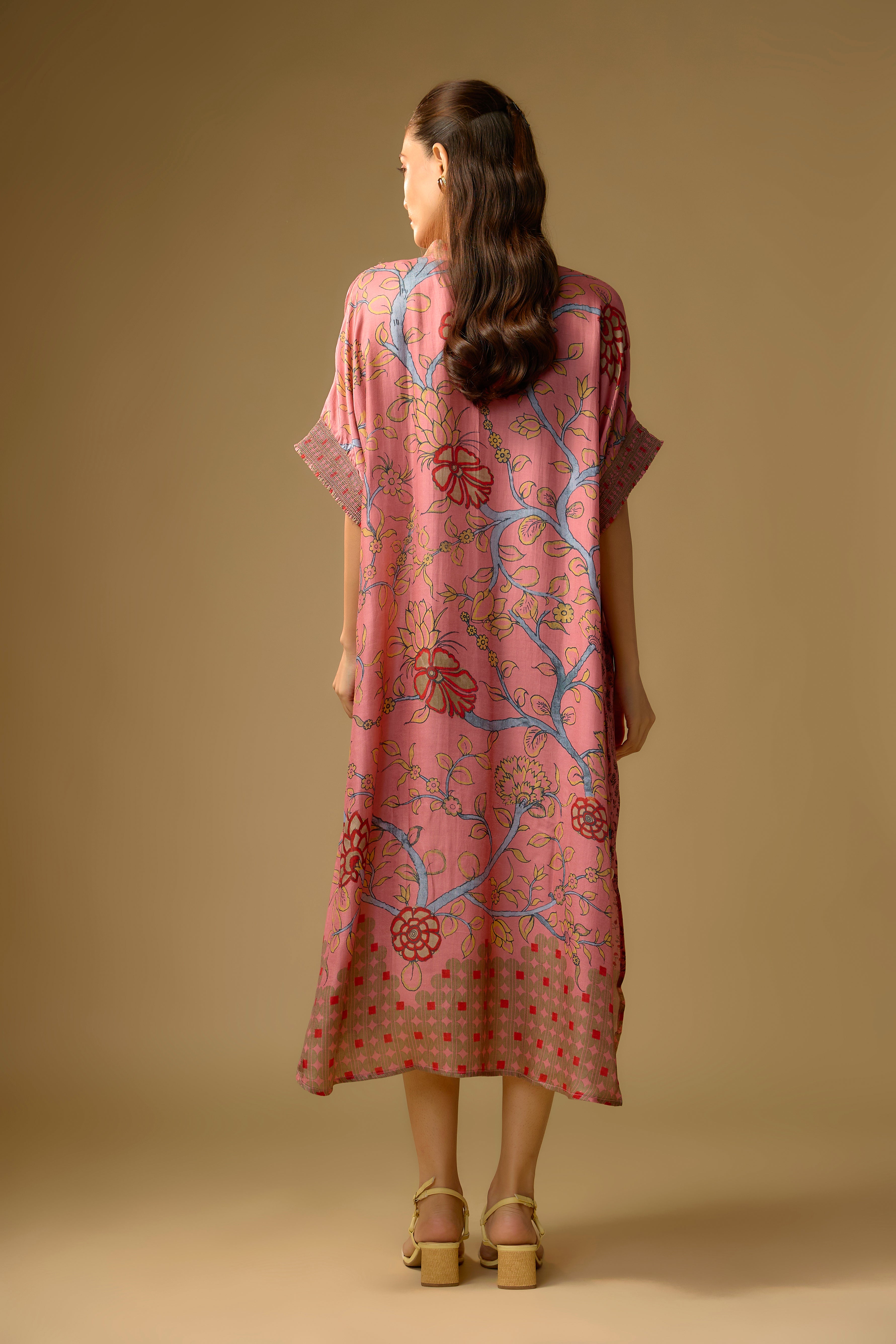 Blush Pink Printed Slub Cotton Silk Tunic Long Top