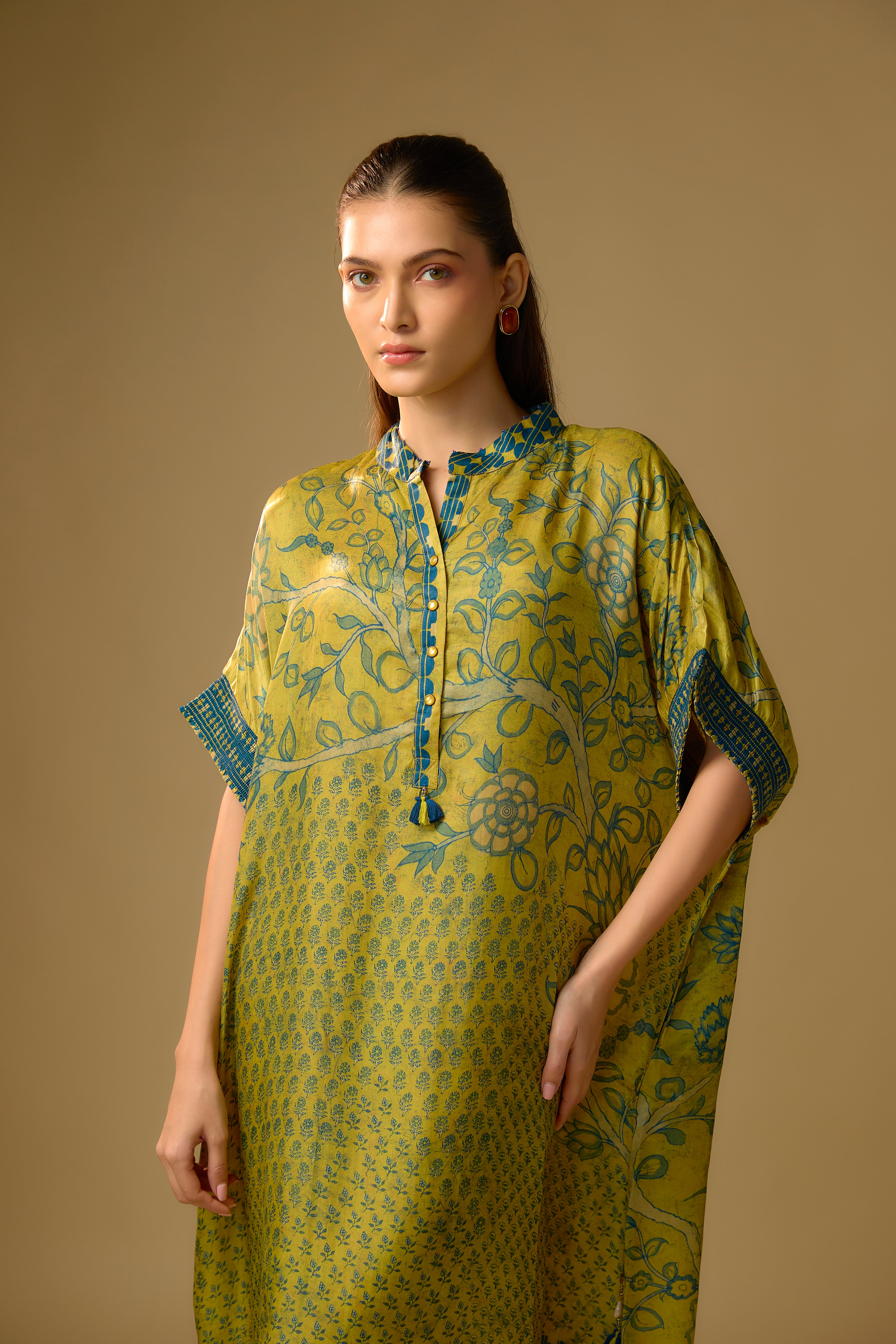Pista Green Printed Slub Cotton Silk Tunic Long Top