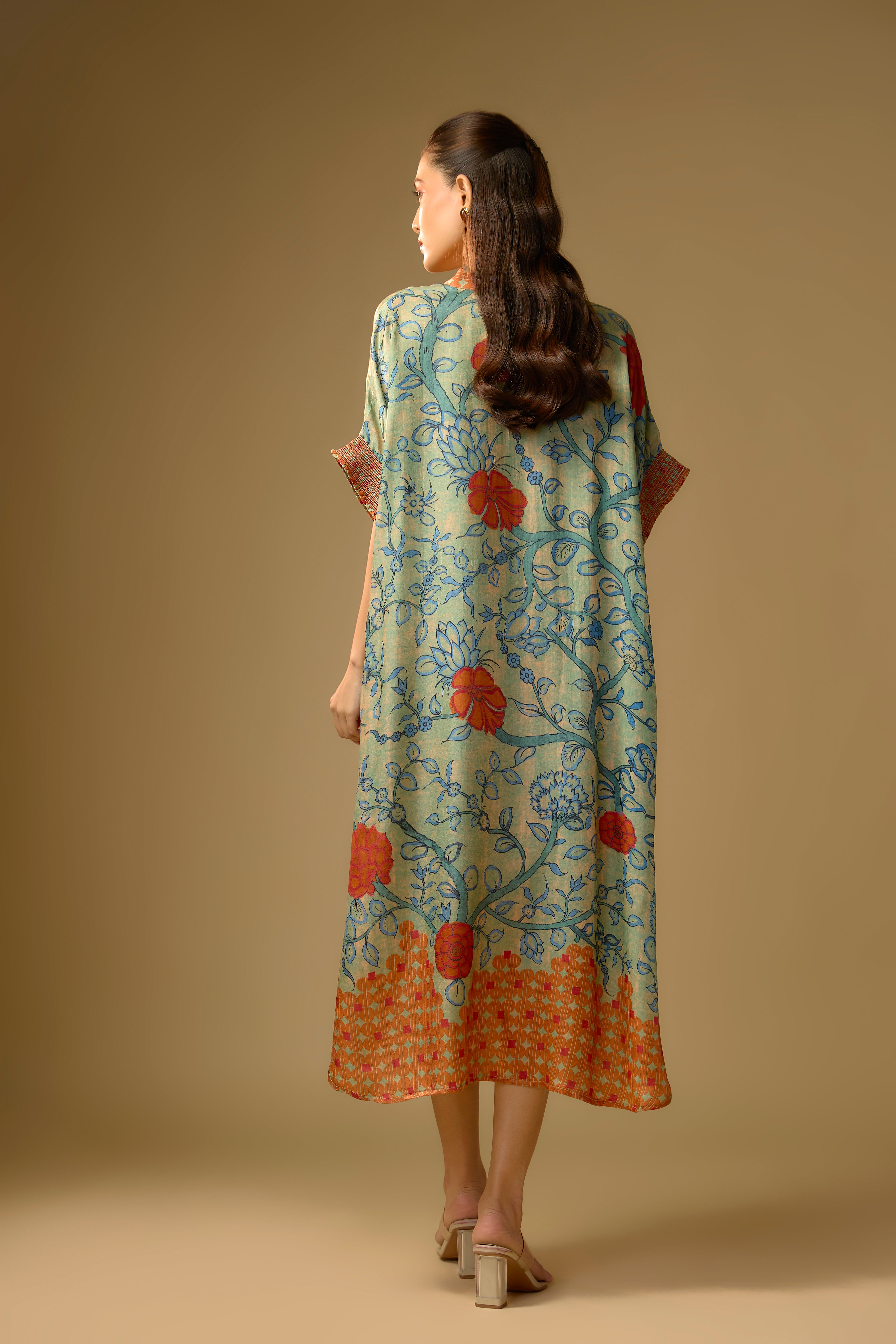 Mustard Yellow Printed Slub Cotton Silk Tunic Long Top