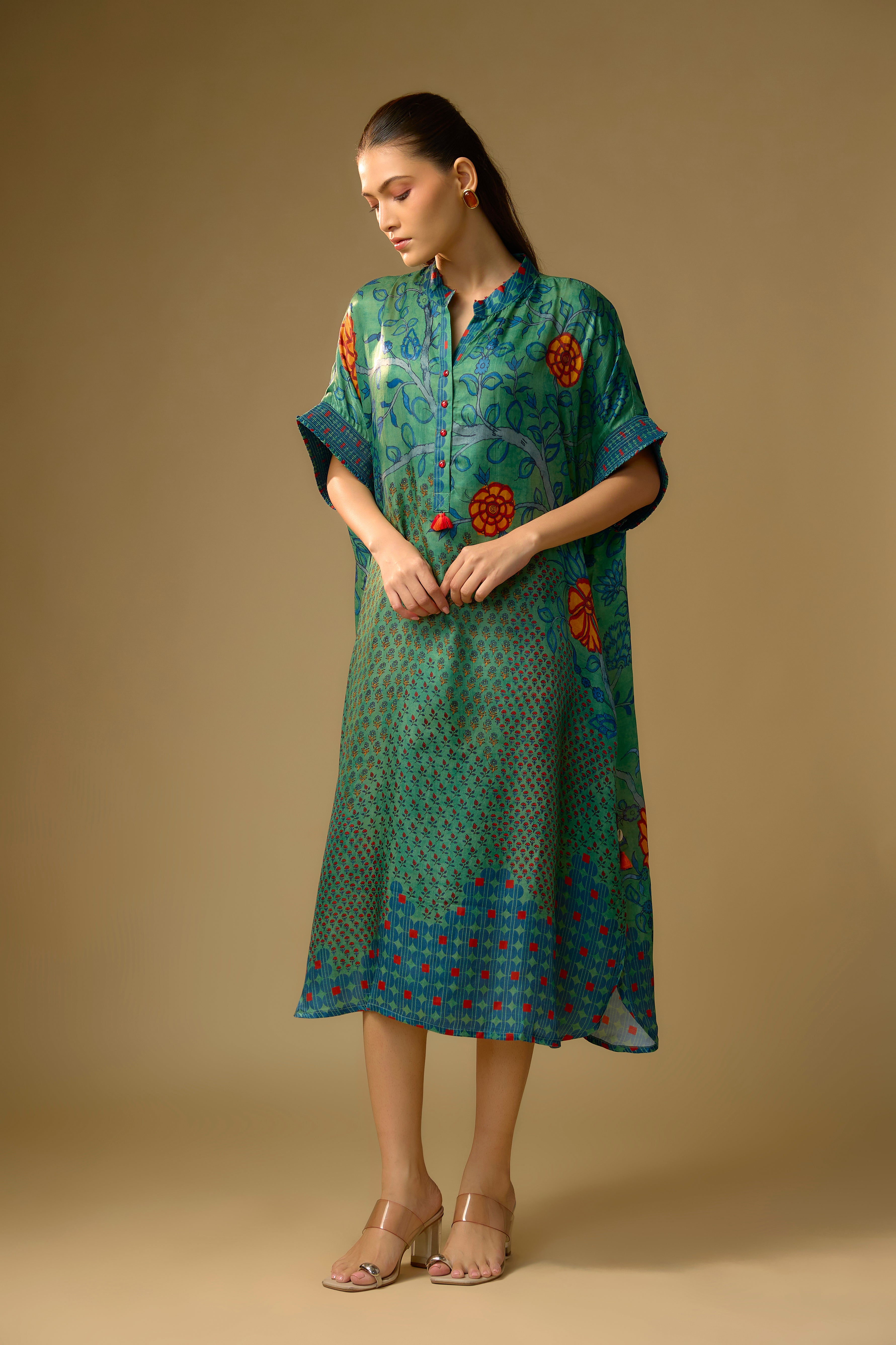 Rama Green Printed Slub Cotton Silk Tunic Long Top