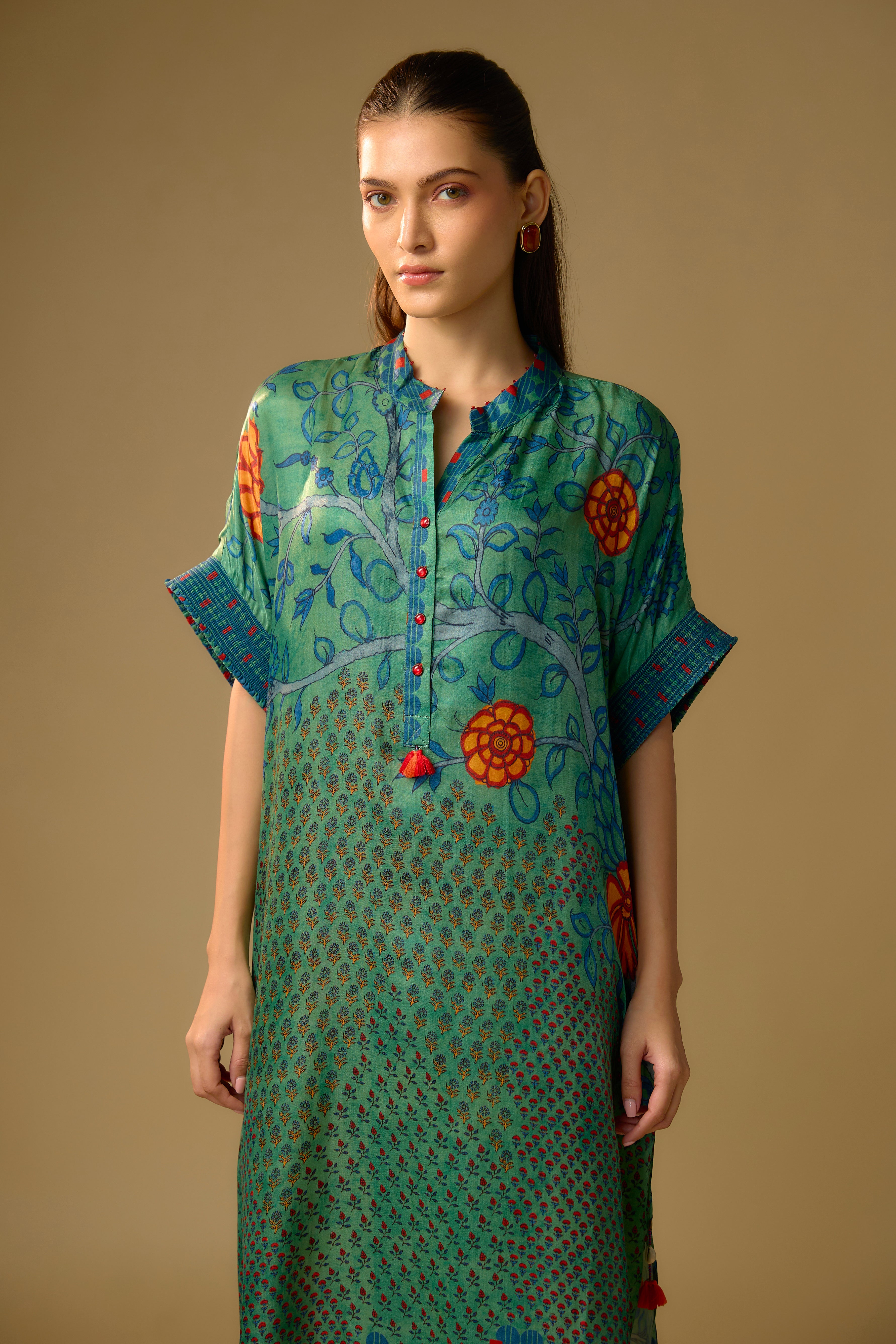Rama Green Printed Slub Cotton Silk Tunic Long Top