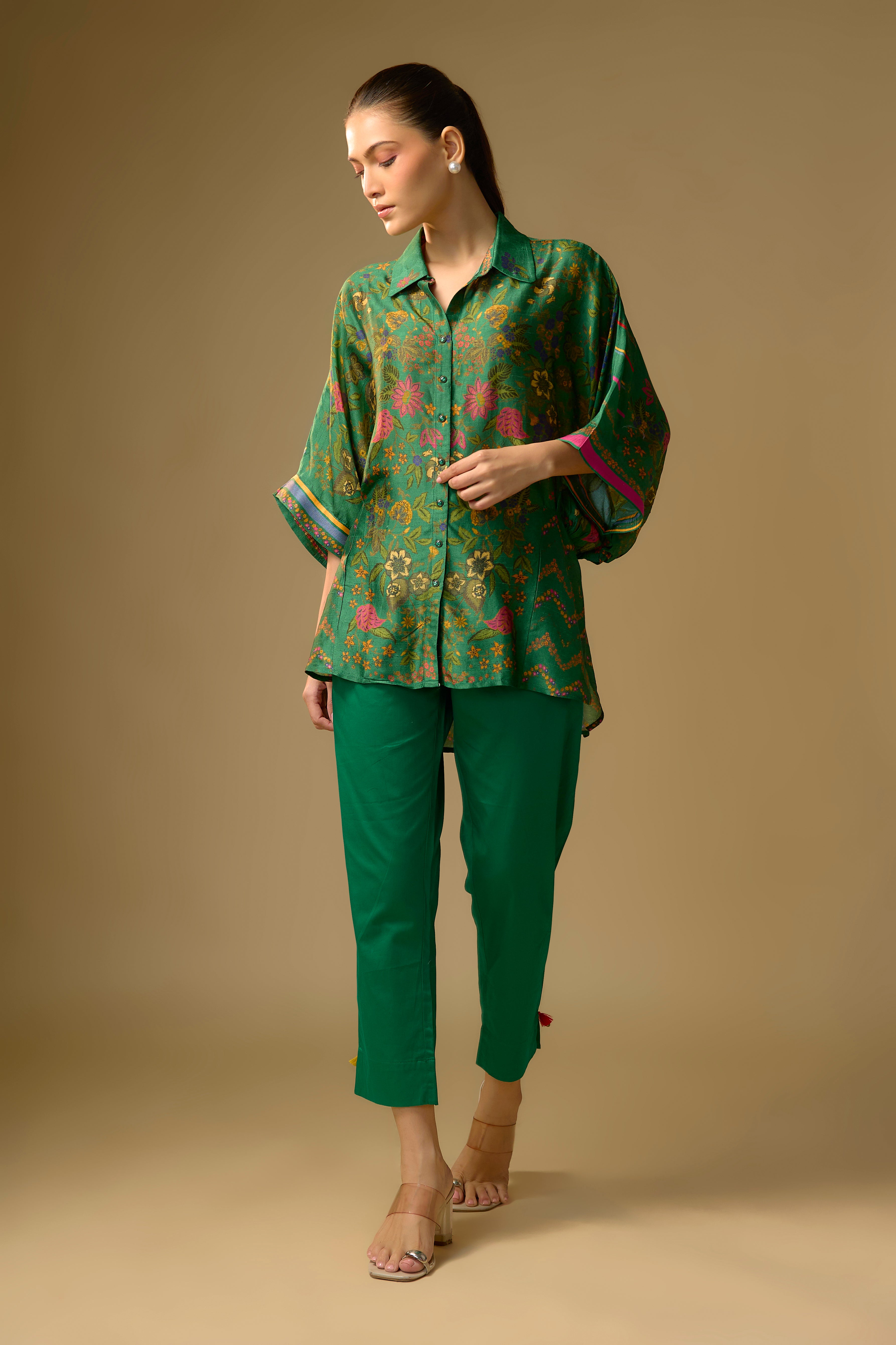Bottle Green Printed Slub Cotton Silk Tunic Top