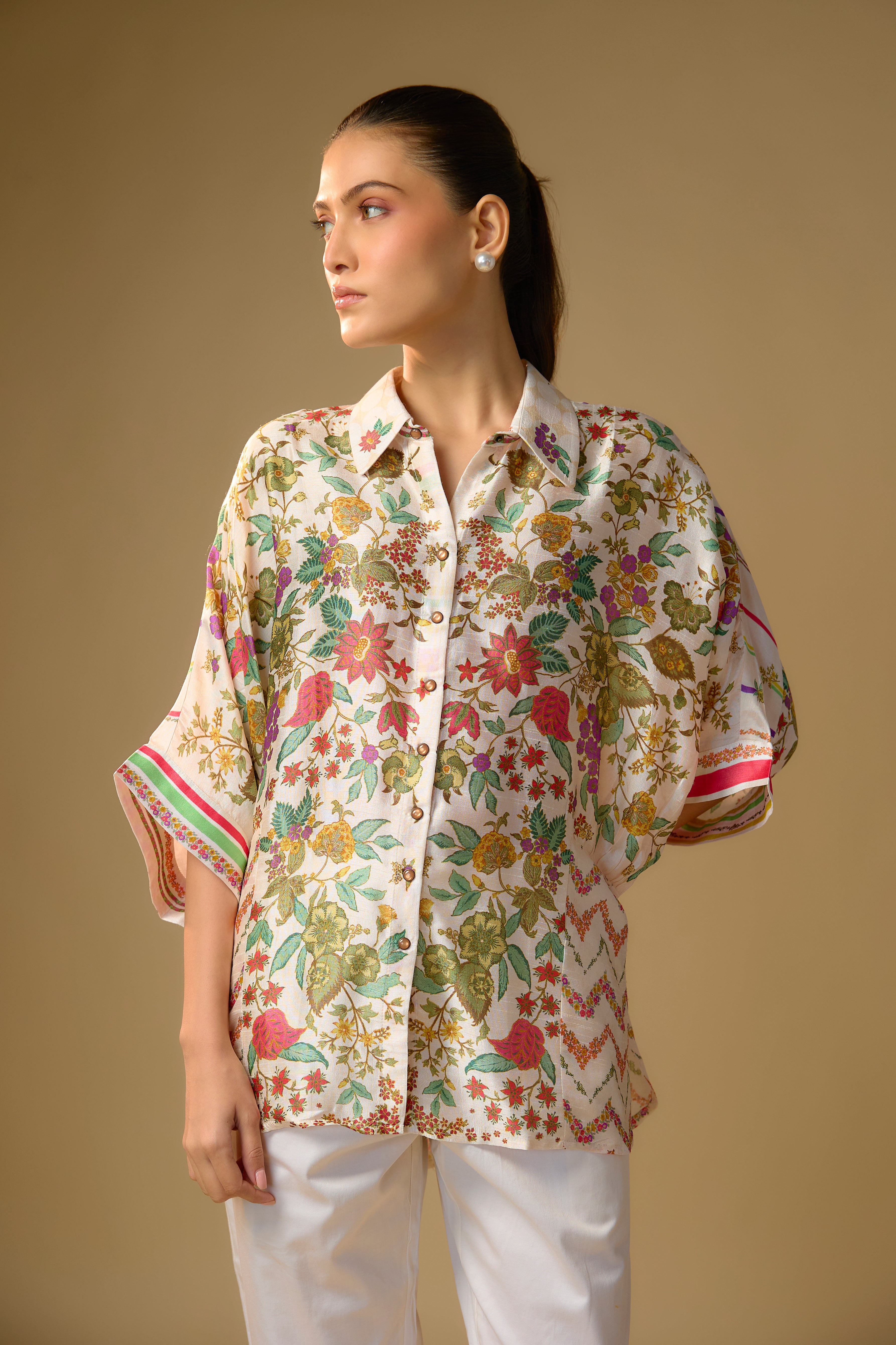 Ivory Printed Slub Cotton Silk Tunic Top