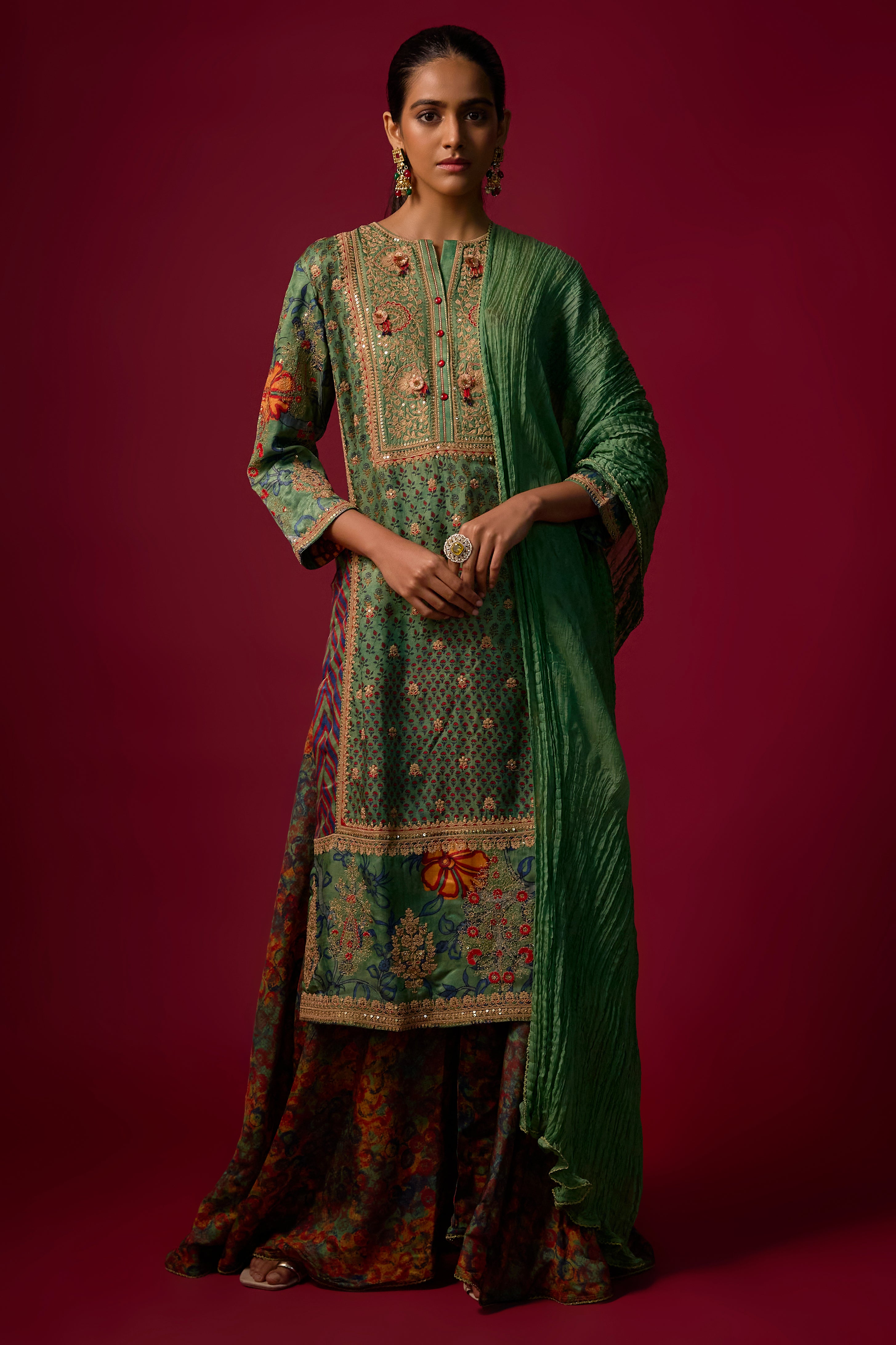 Rama Green Embellished Slub Silk Palazzo Set