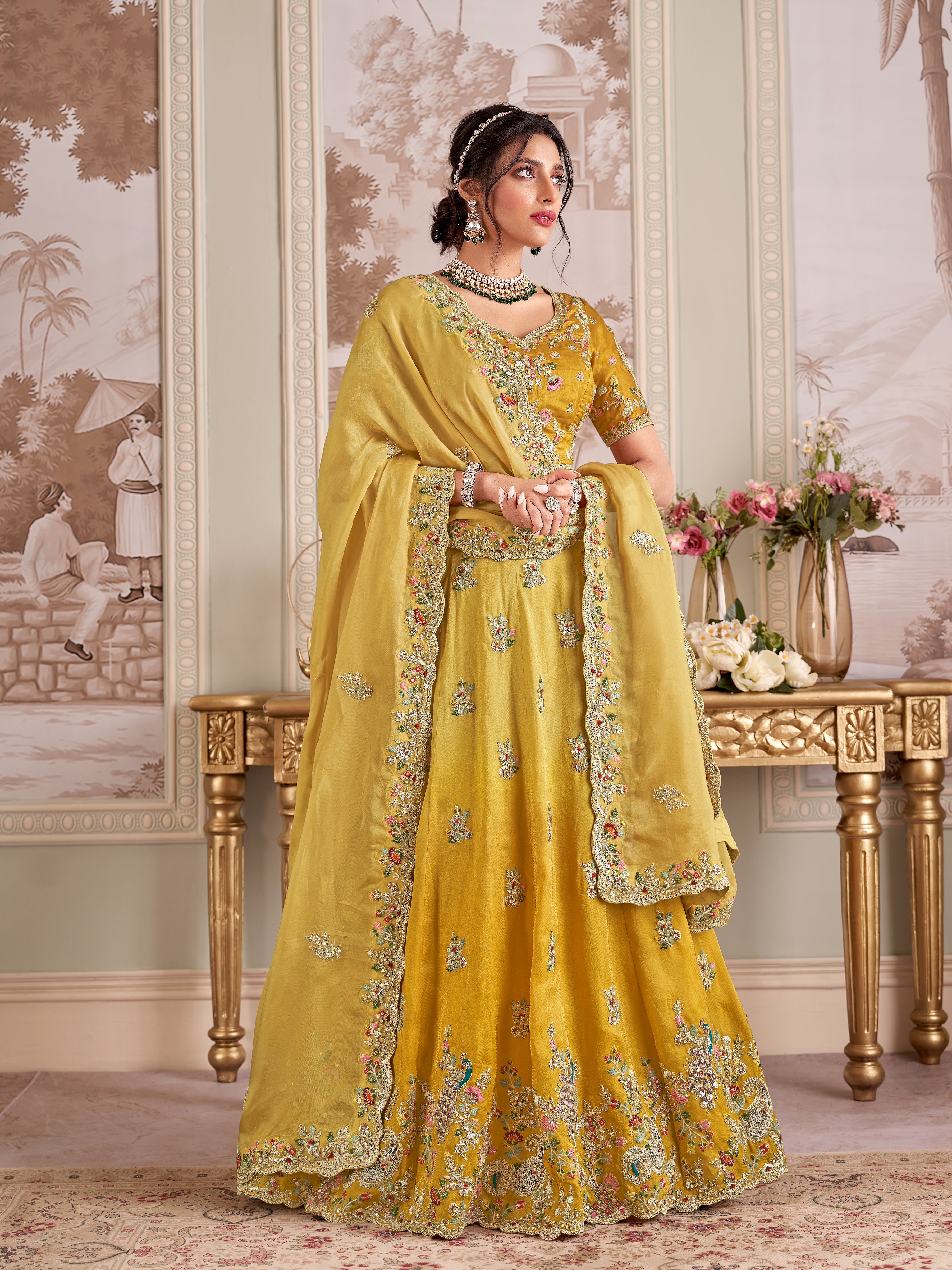 Bright Yellow Embellished Tissue Silk Lehenga