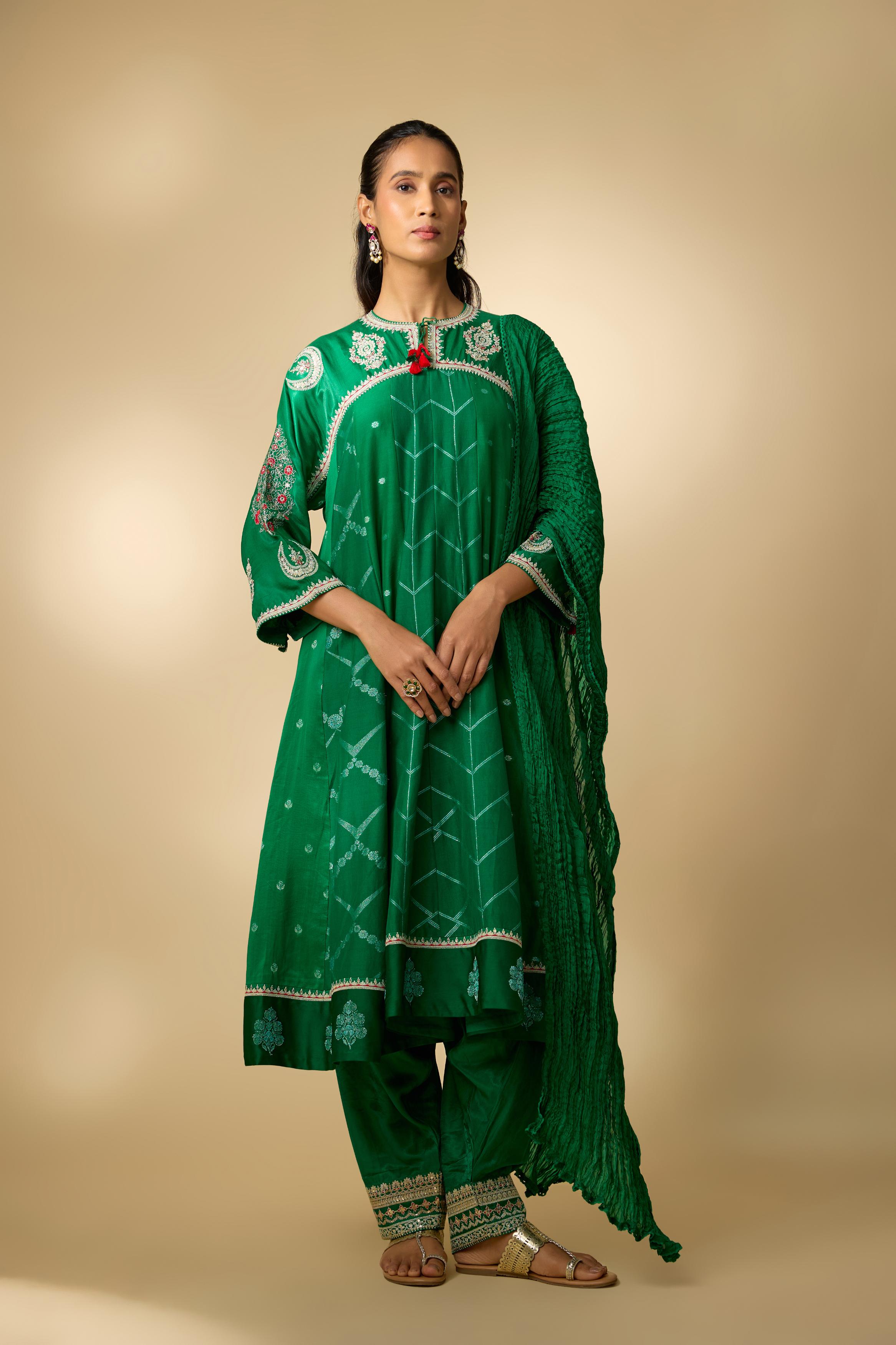 Green Embellished Cotton Linen Anarkali Set