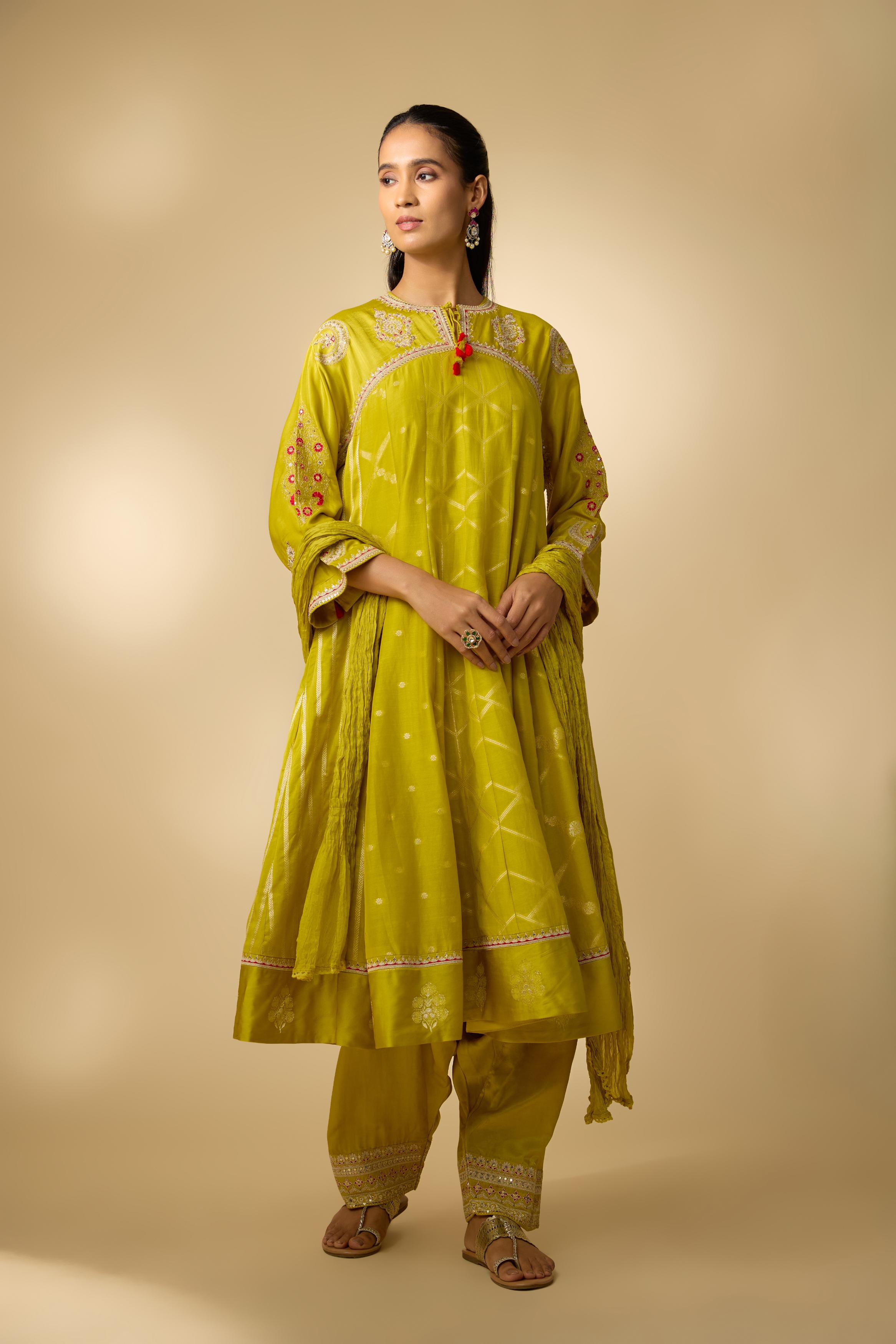 Mustard yellow Embellished Cotton Linen Anarkali Set