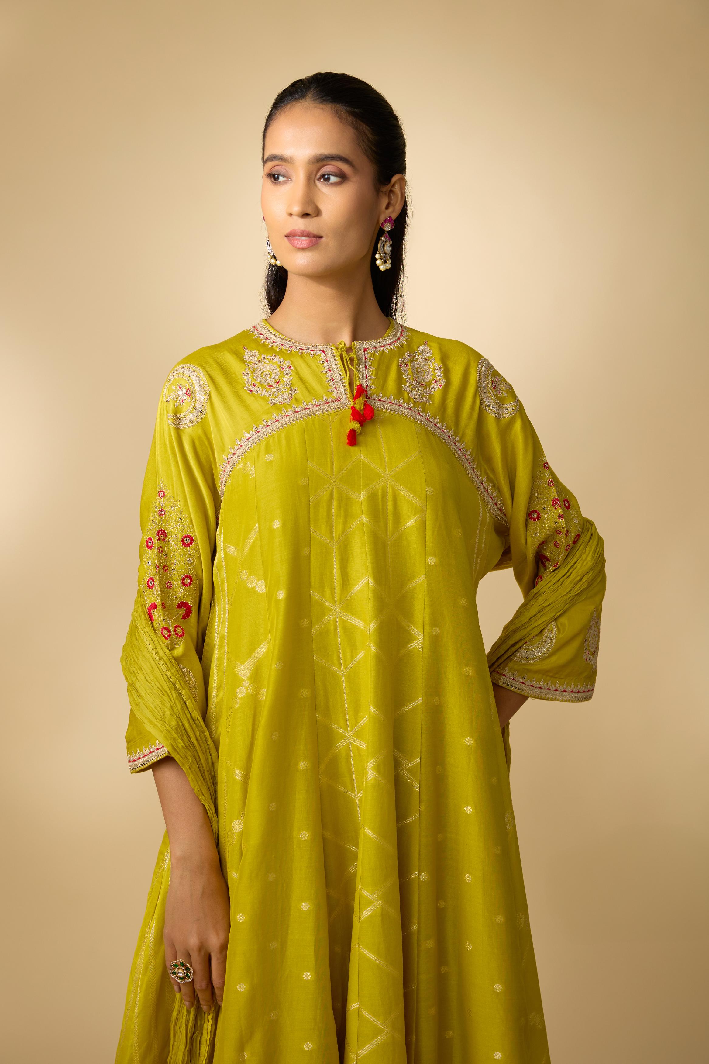 Mustard yellow Embellished Cotton Linen Anarkali Set
