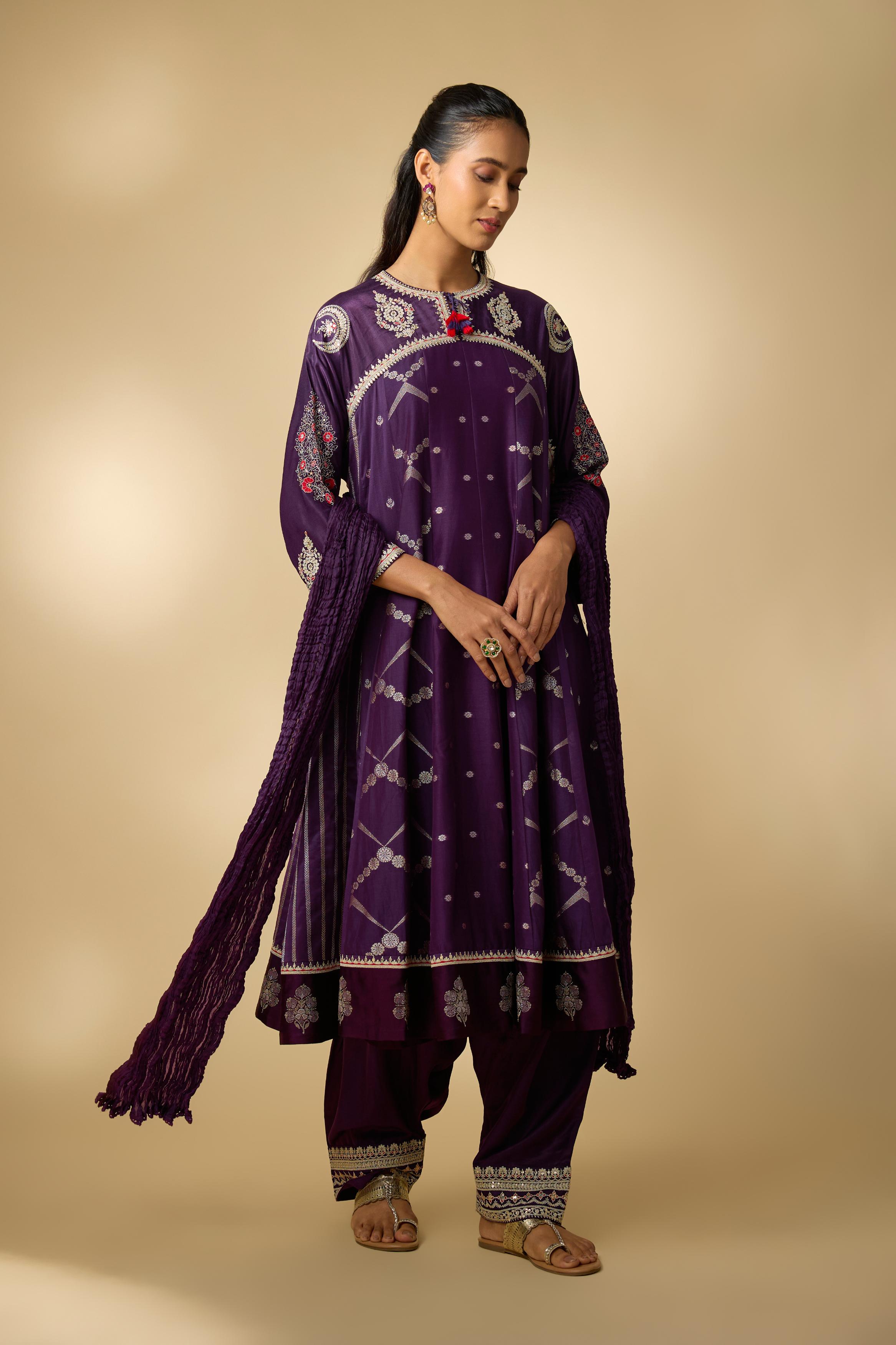 Purple Embellished Cotton Linen Anarkali Set