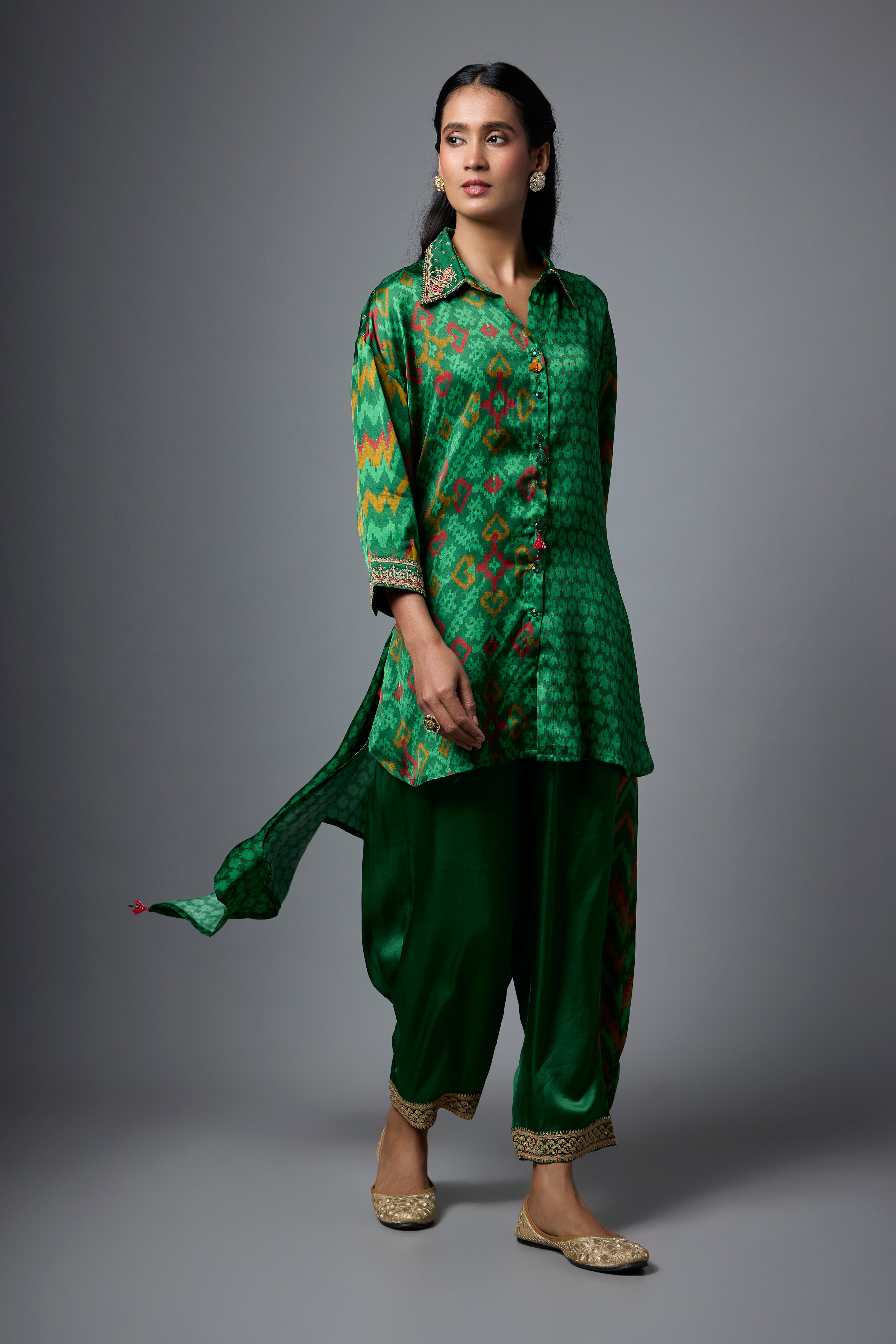 Bottle Green Printed Crepe Silk Co-Ord Set
