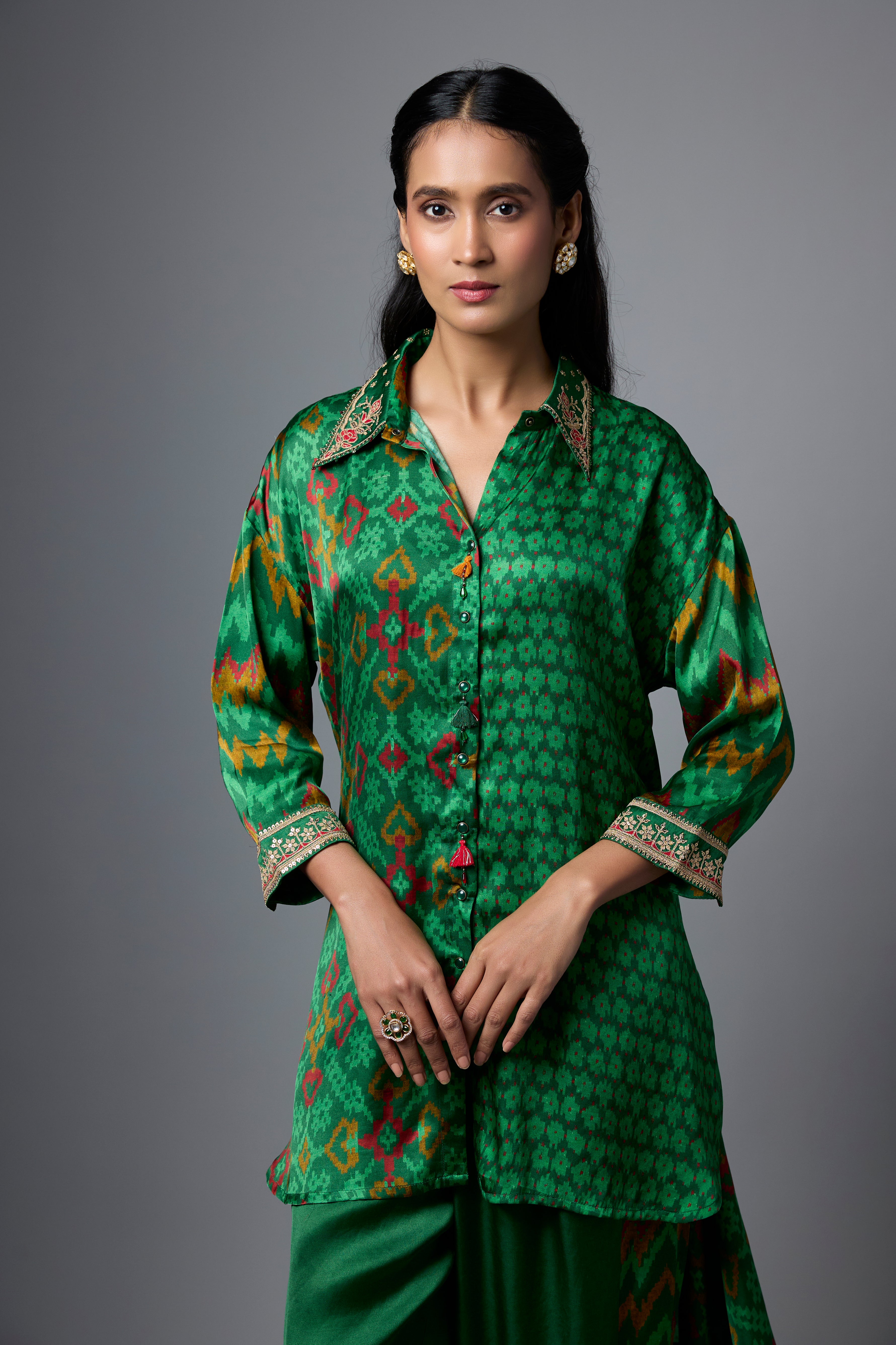 Bottle Green Printed Crepe Silk Co-Ord Set