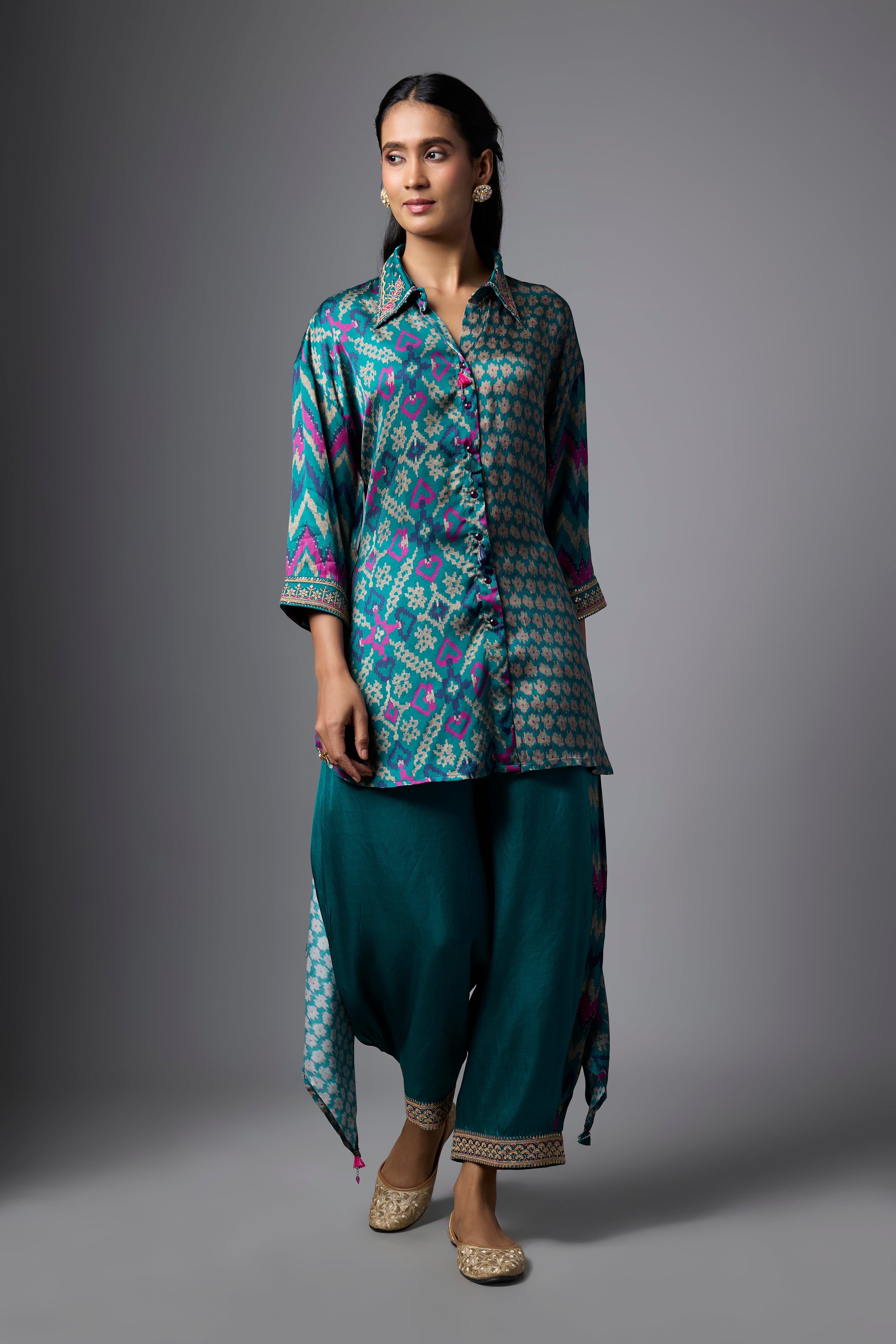 Teal Blue Printed Crepe Silk Co-Ord Set