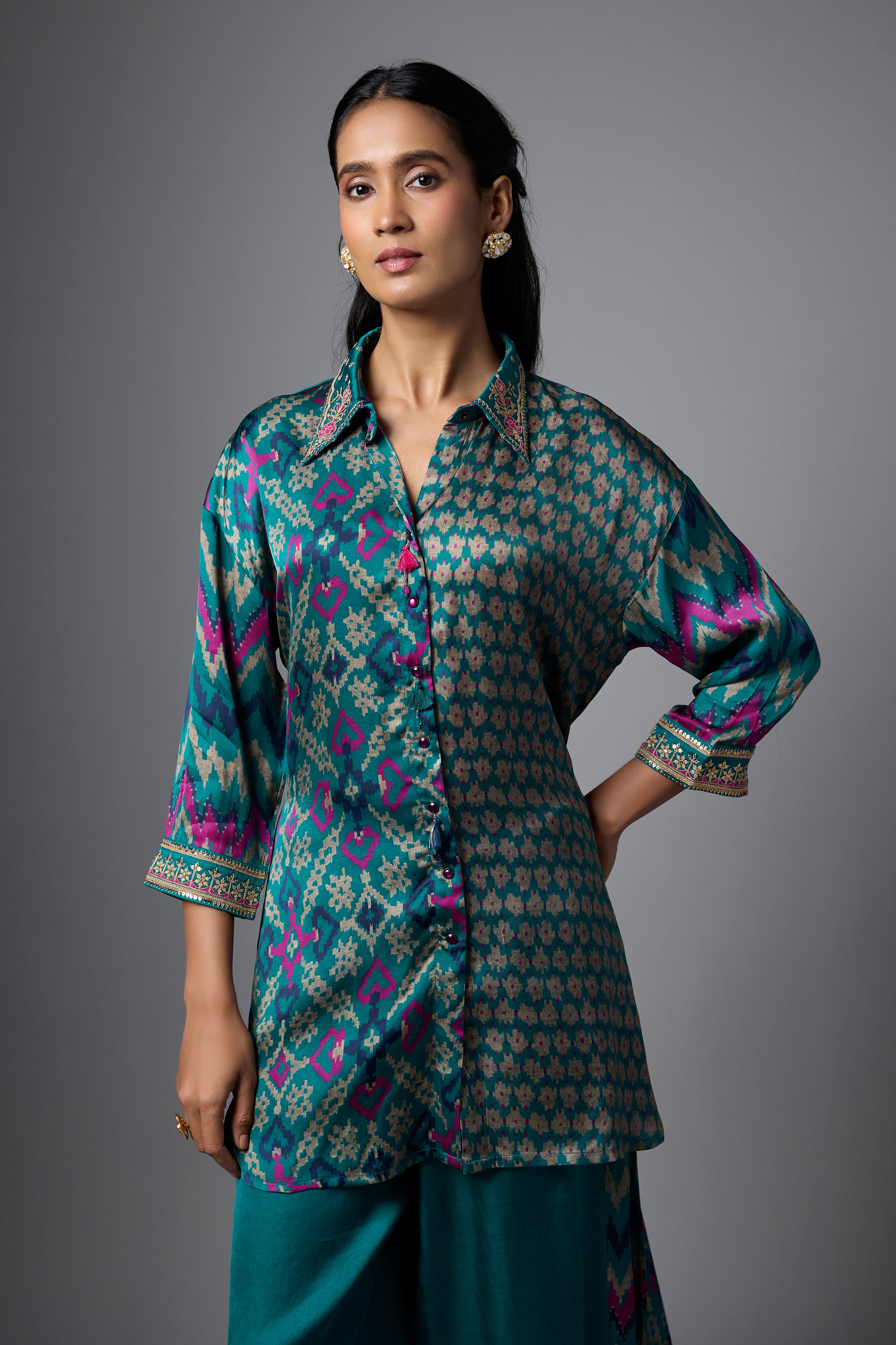 Teal Blue Printed Crepe Silk Co-Ord Set