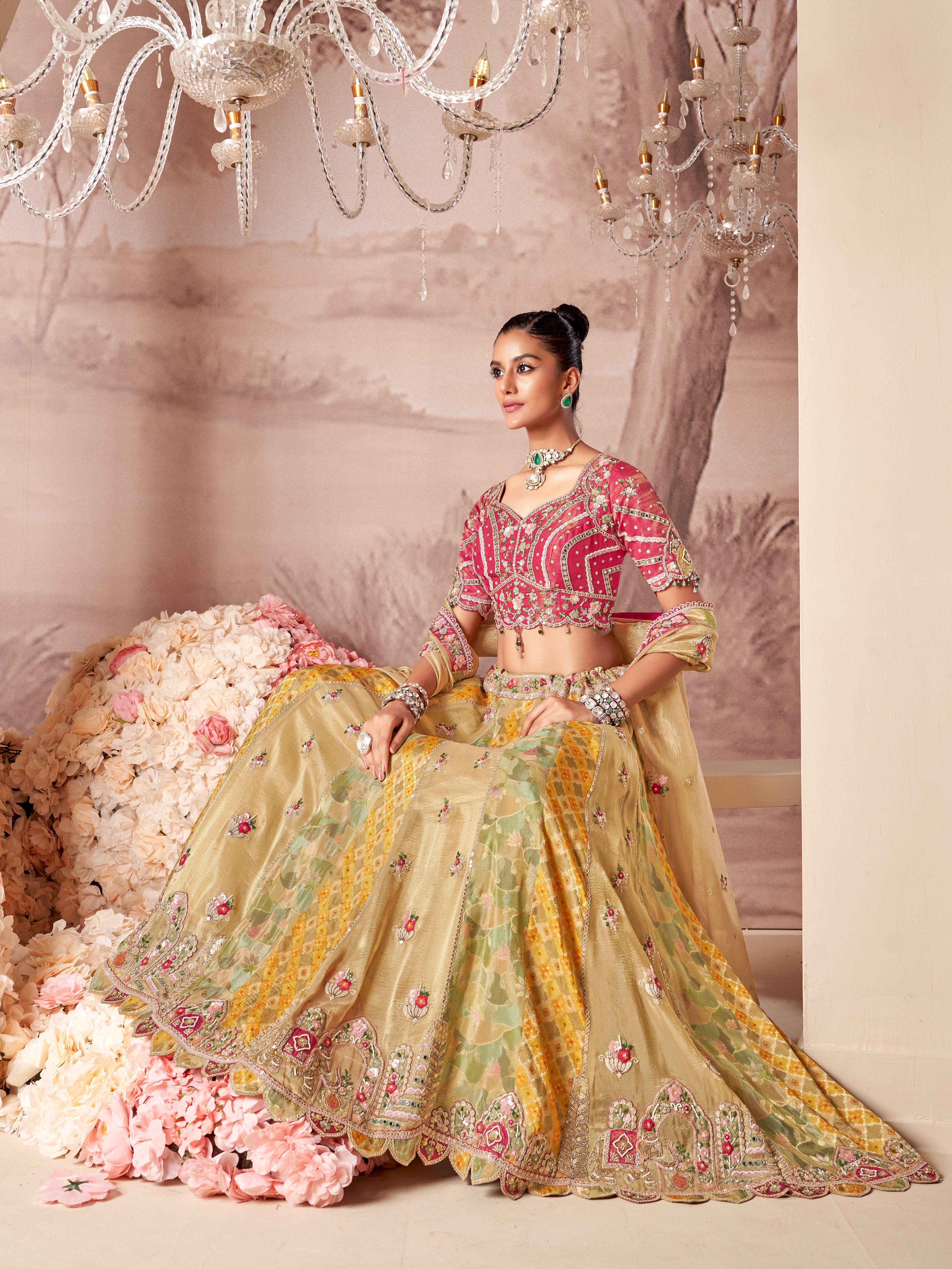 Multi Color Embellished Banarasi Silk Lehenga