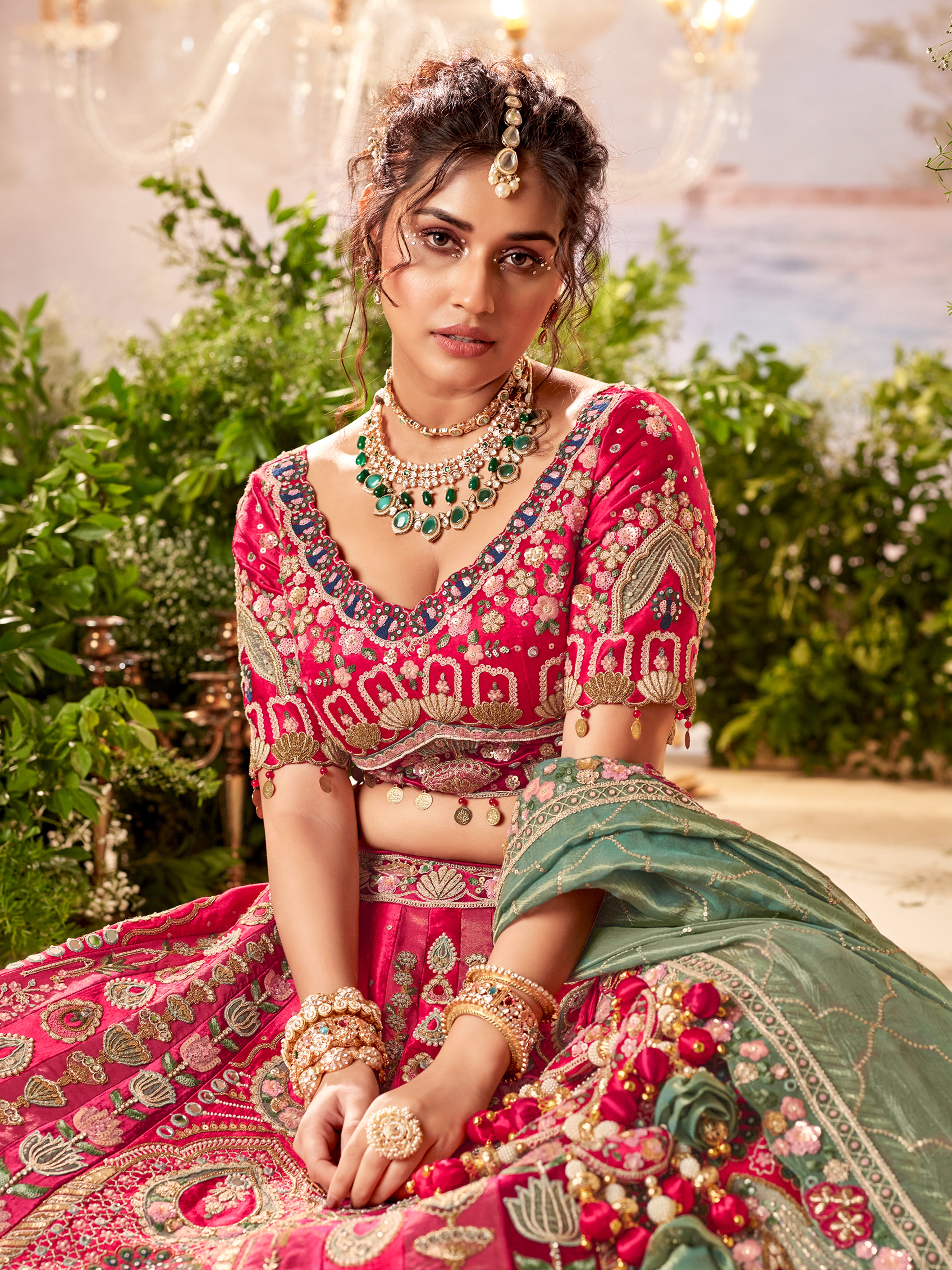 Cheery Red Embellished Satin Silk Lehenga