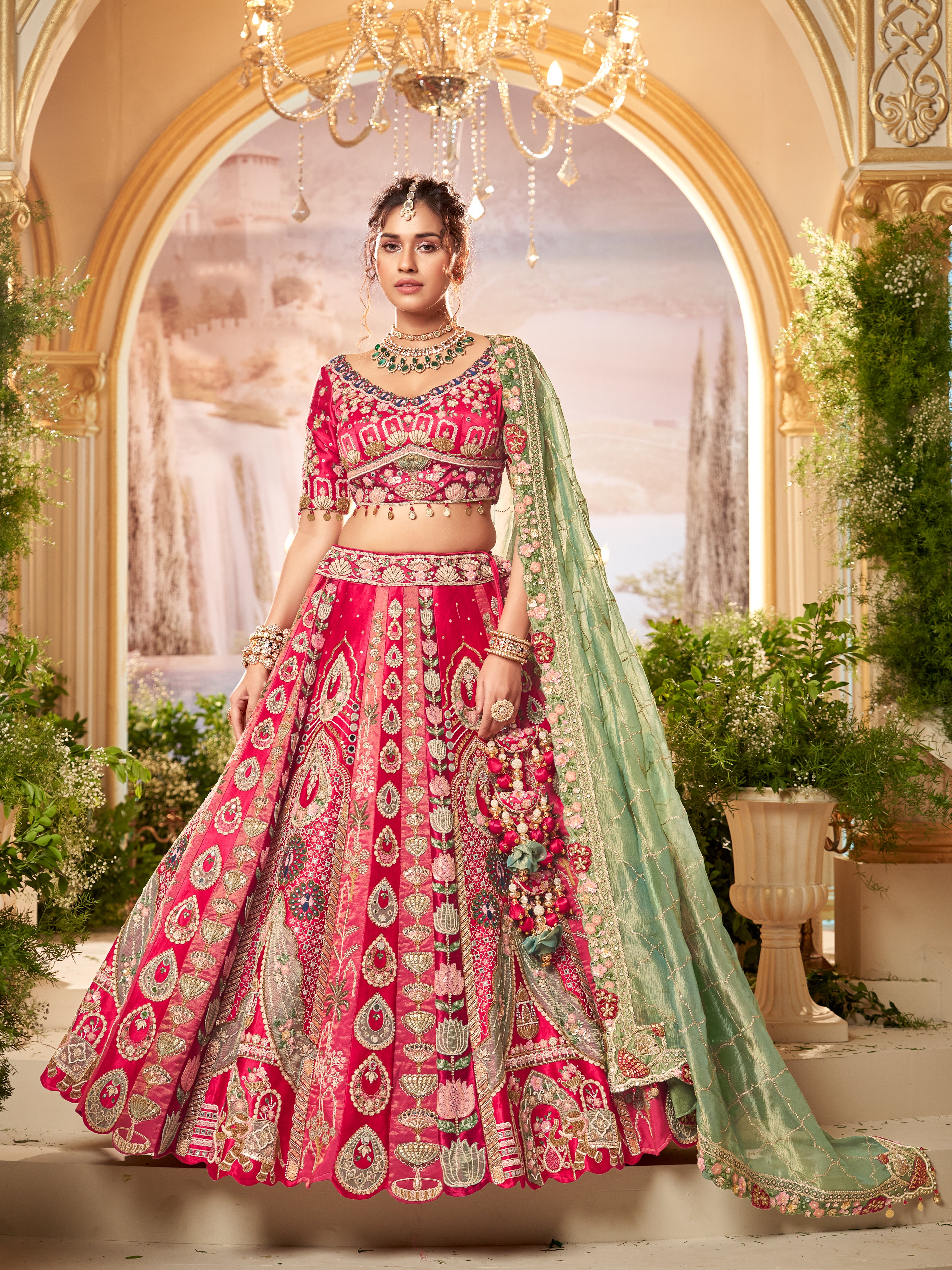 Cheery Red Embellished Satin Silk Lehenga