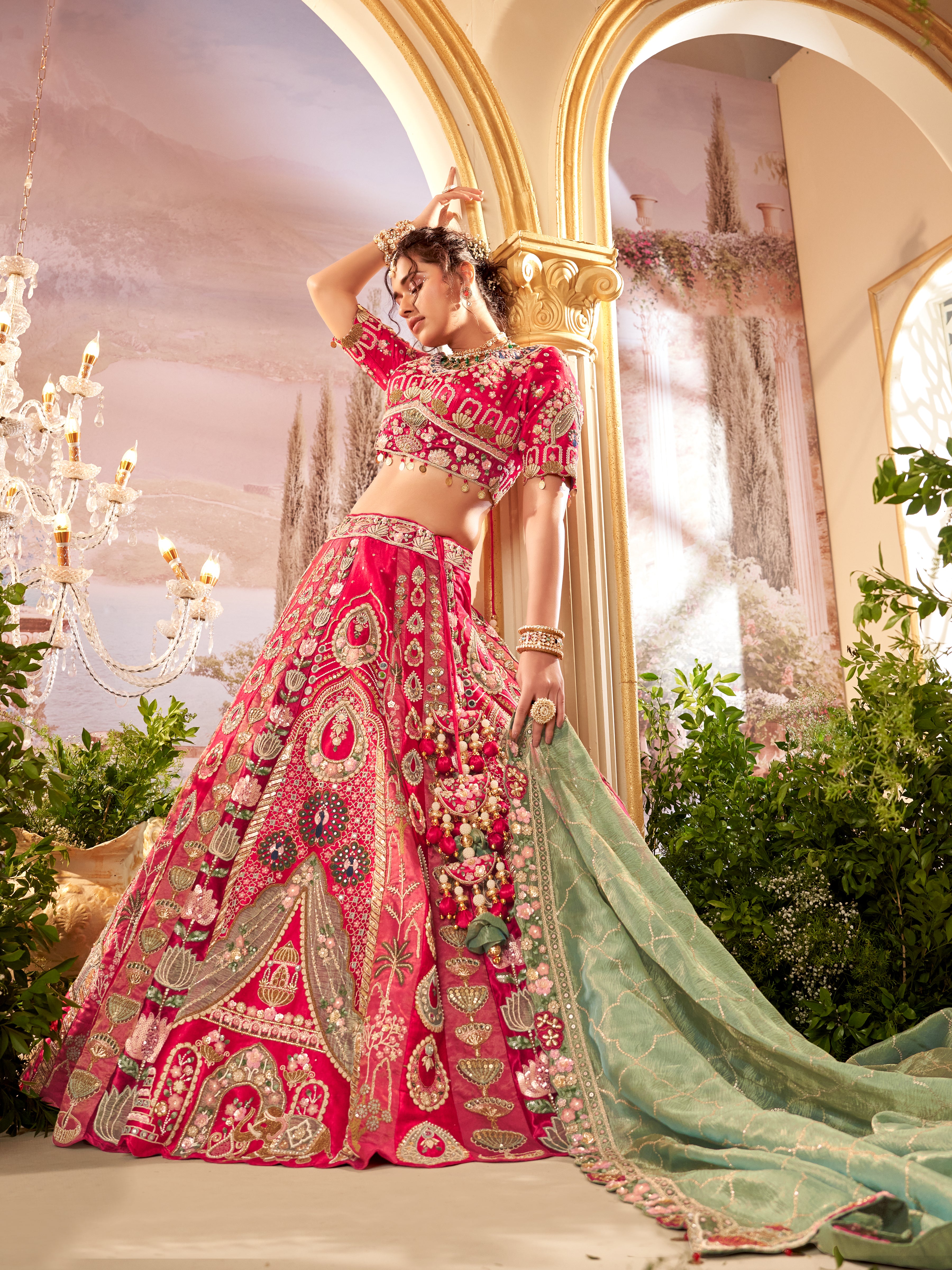 Cheery Red Embellished Satin Silk Lehenga