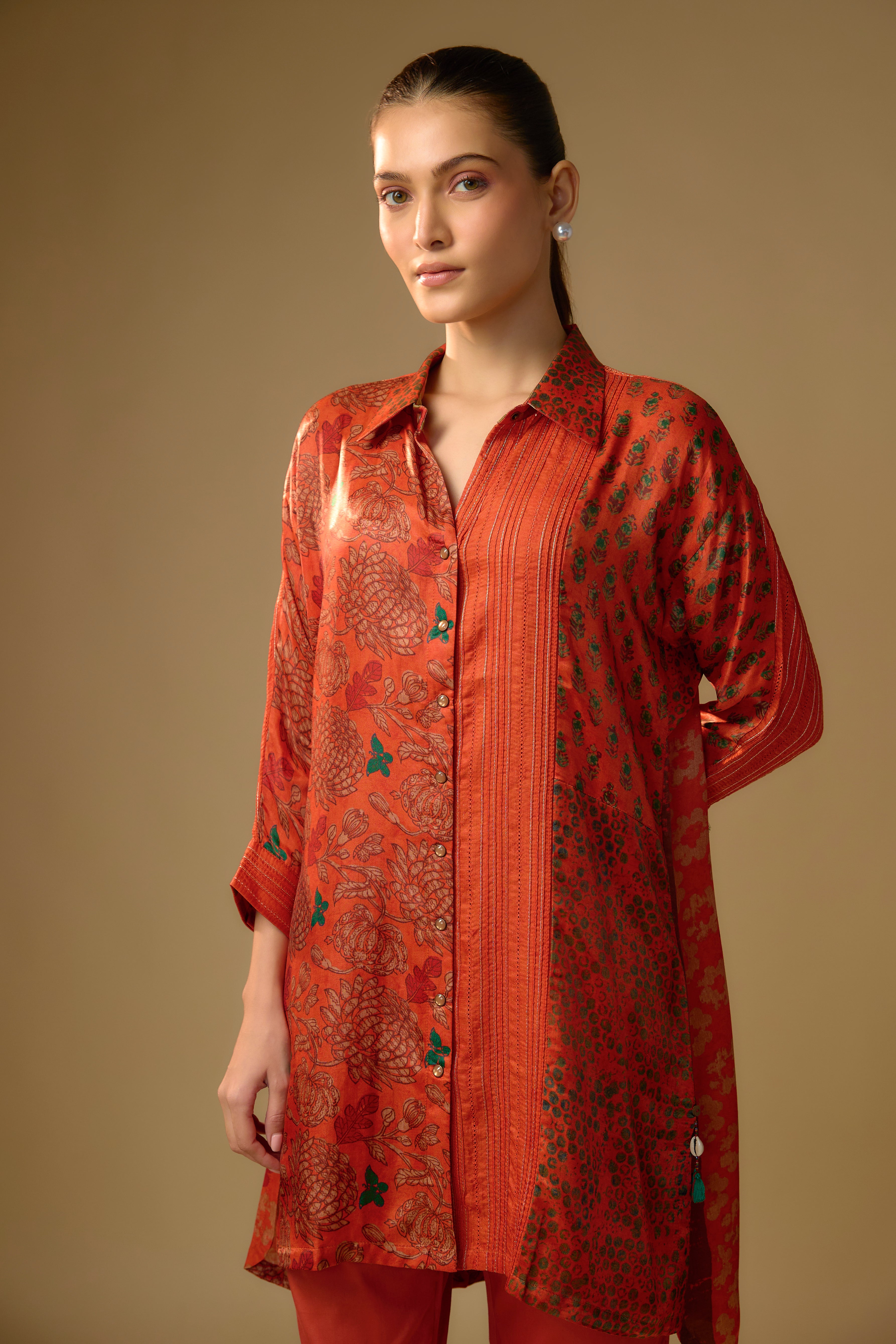Soft Orange Printed Slub Cotton Silk Tunic Top