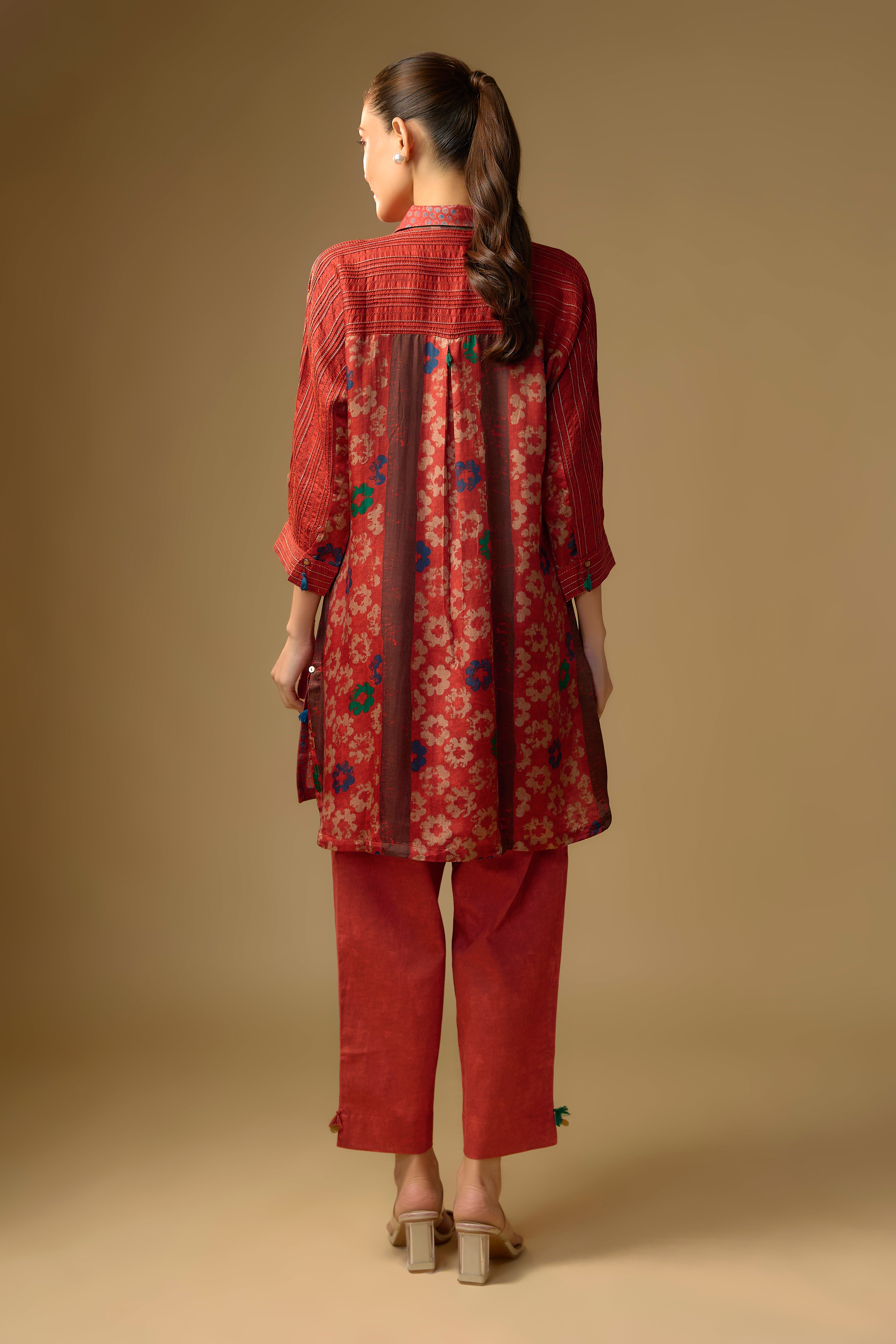 Red Printed Slub Cotton Silk Tunic Top
