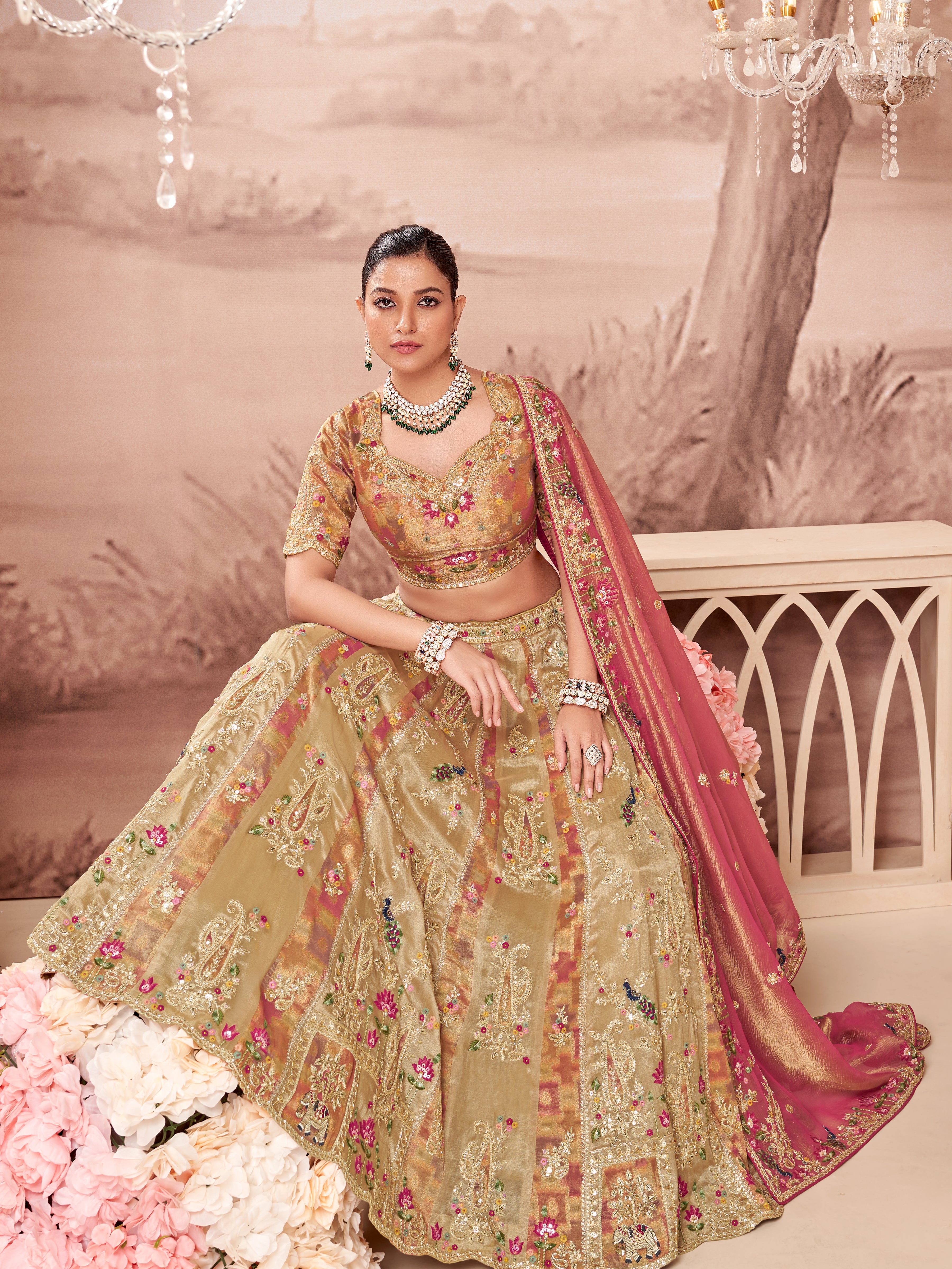 Metallic Bronze Embellished Banarasi Silk Lehenga