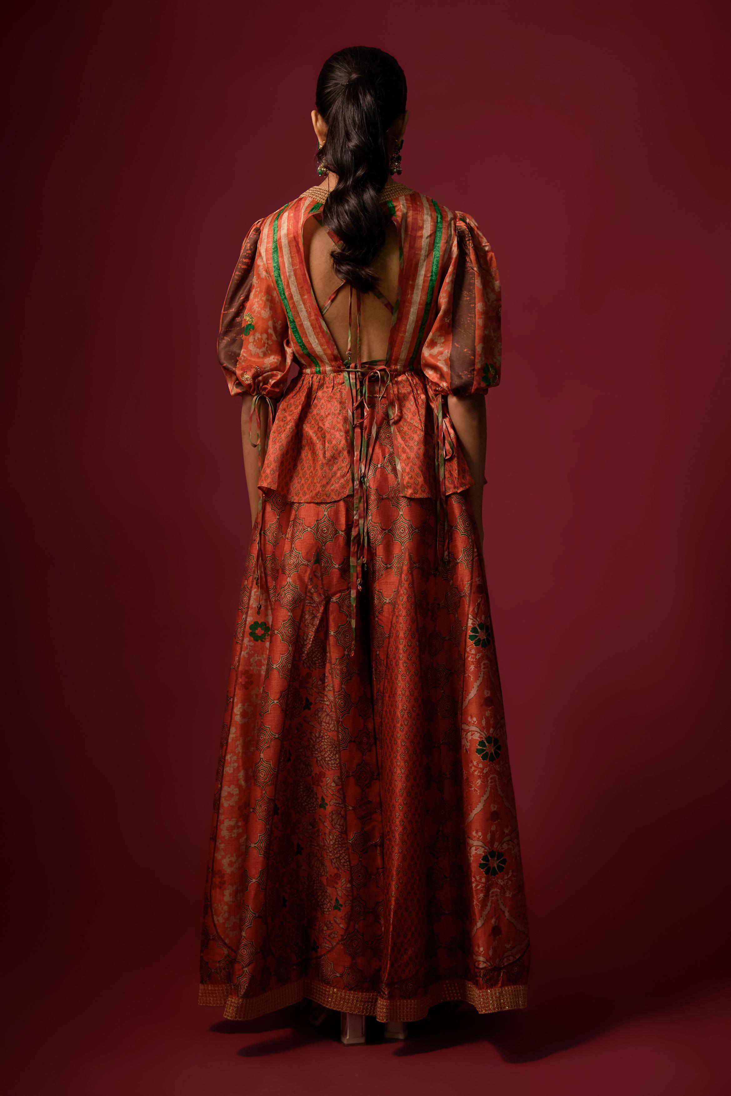 Orange Printed Slub Cotton Silk Tunic Co-Ord Set