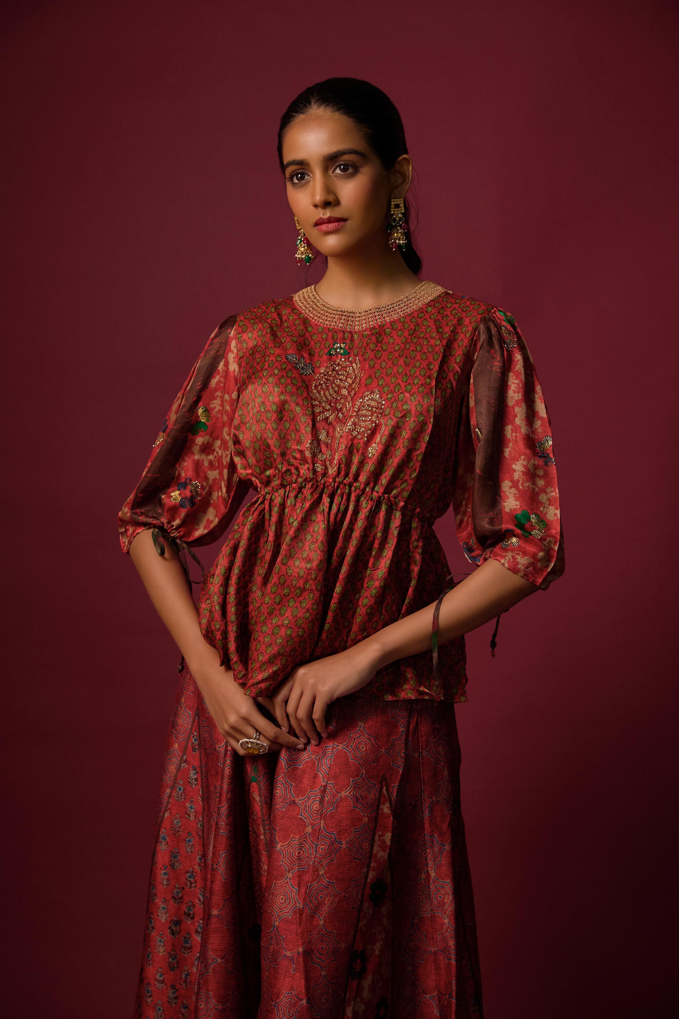 Red Printed Slub Cotton Silk Tunic Co-Ord Set