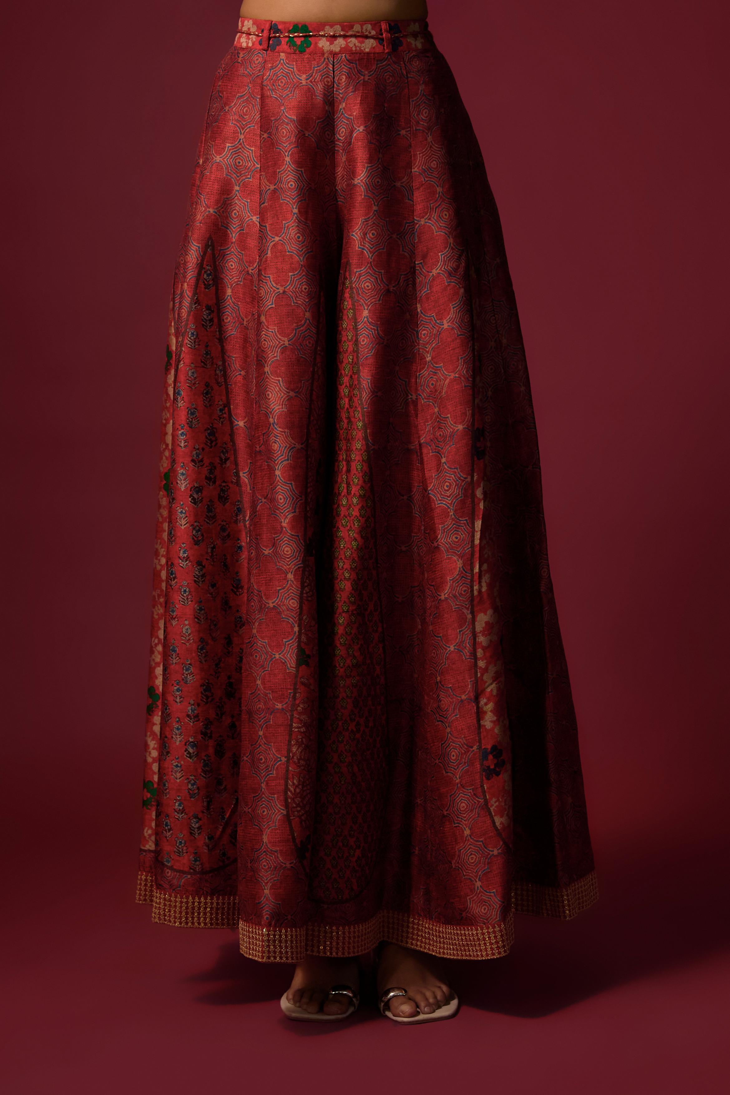 Red Printed Slub Cotton Silk Tunic Co-Ord Set