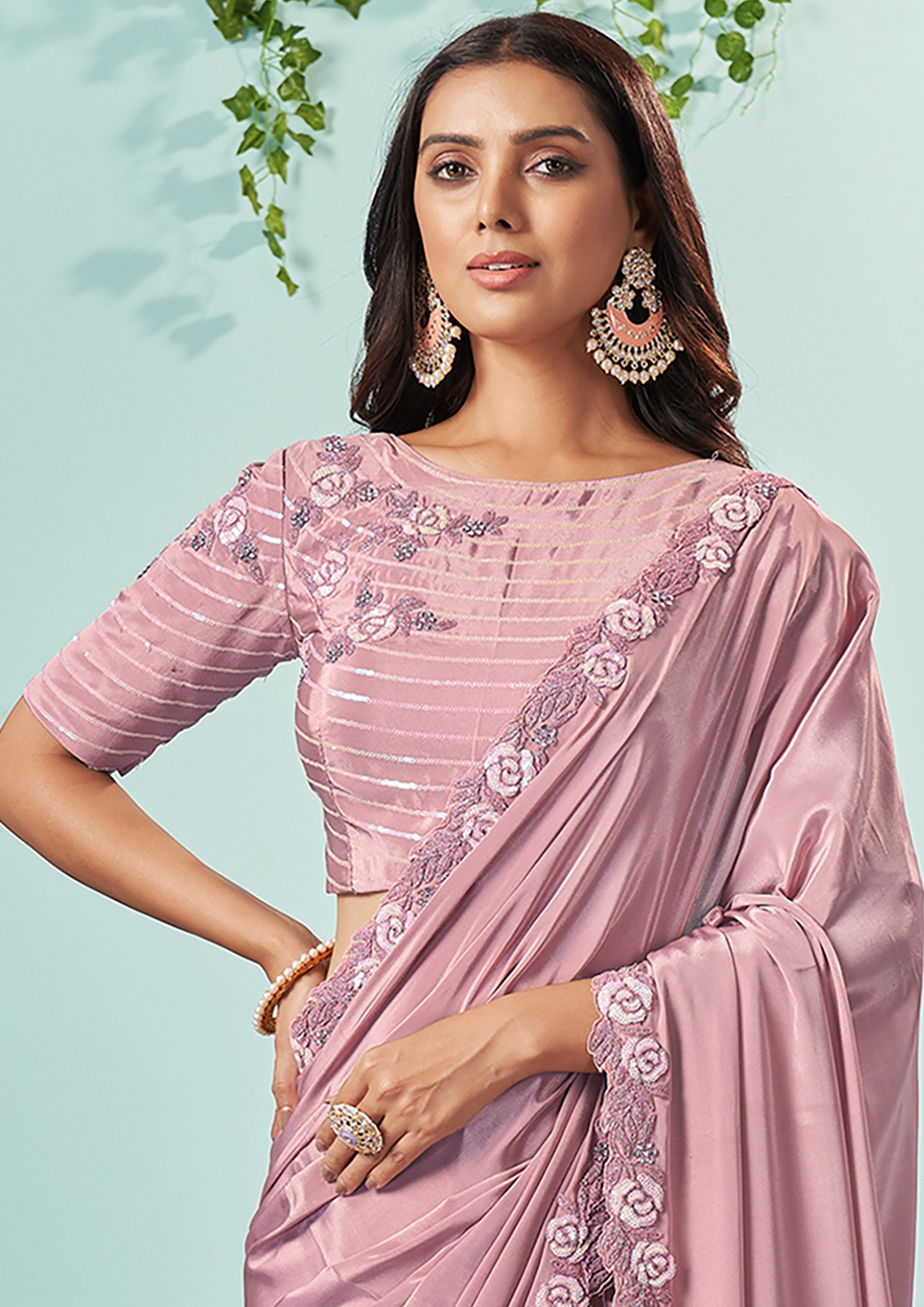 Lavender Rose Embellished Satin Silk Saree