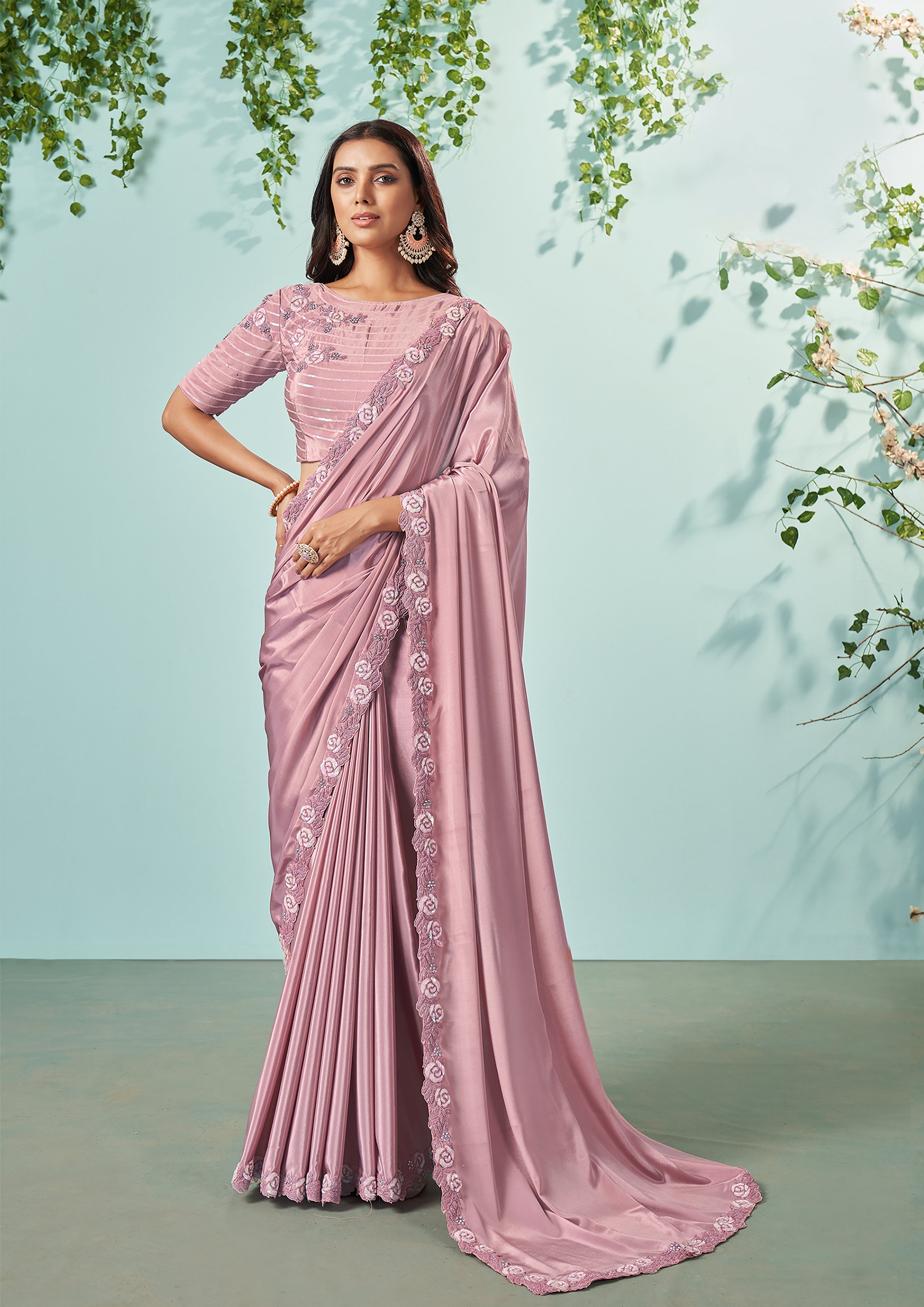 Lavender Rose Embellished Satin Silk Saree
