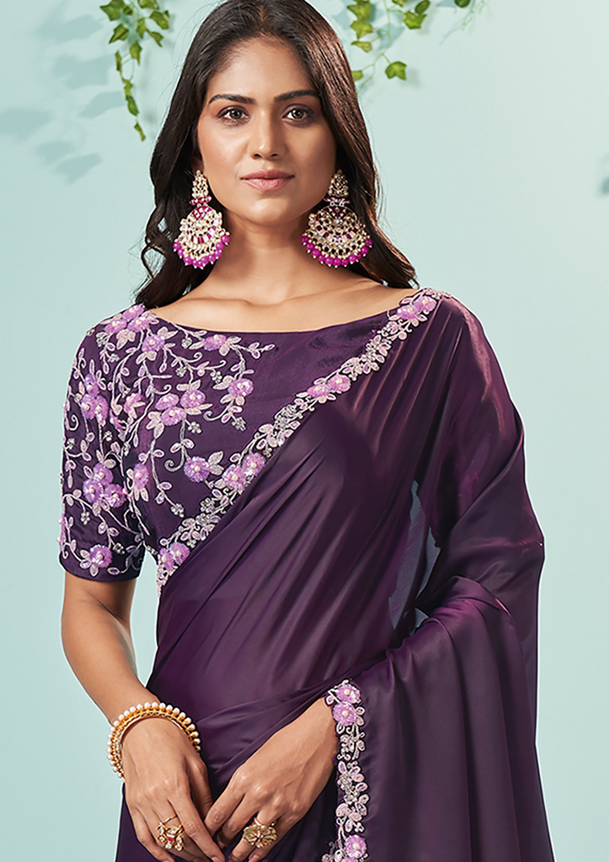 Deep Purple Embellished Satin Silk Saree