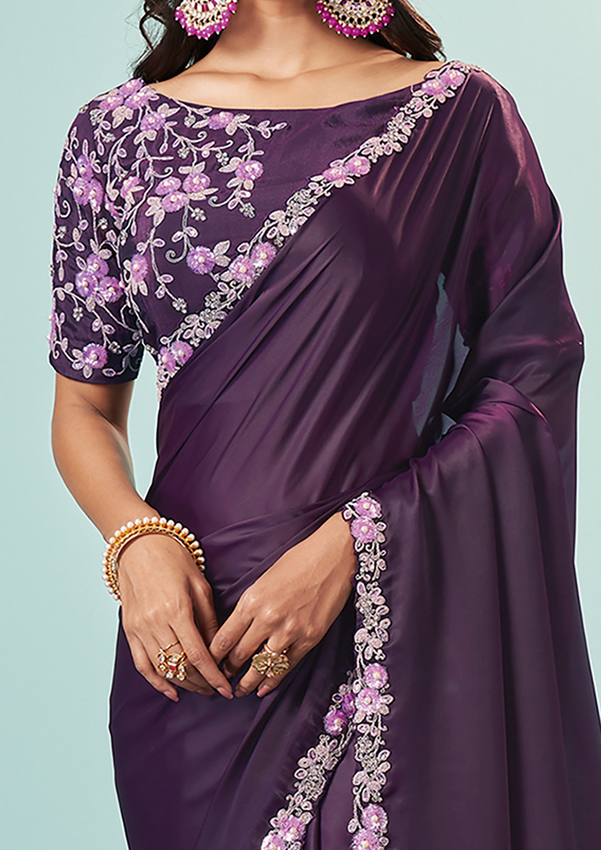 Deep Purple Embellished Satin Silk Saree