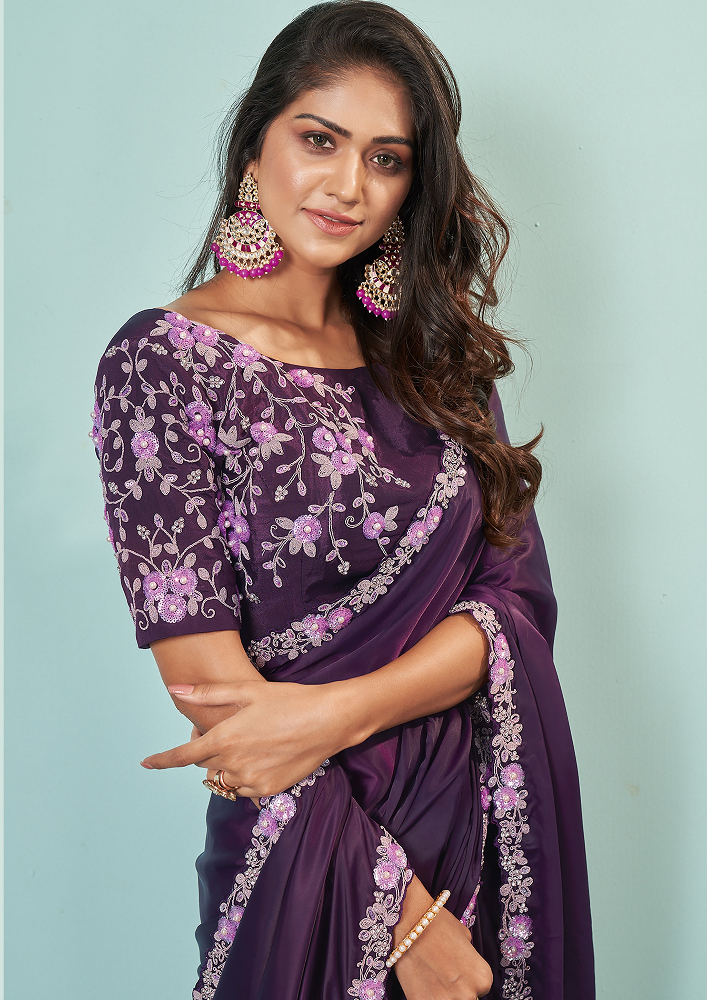 Deep Purple Embellished Satin Silk Saree