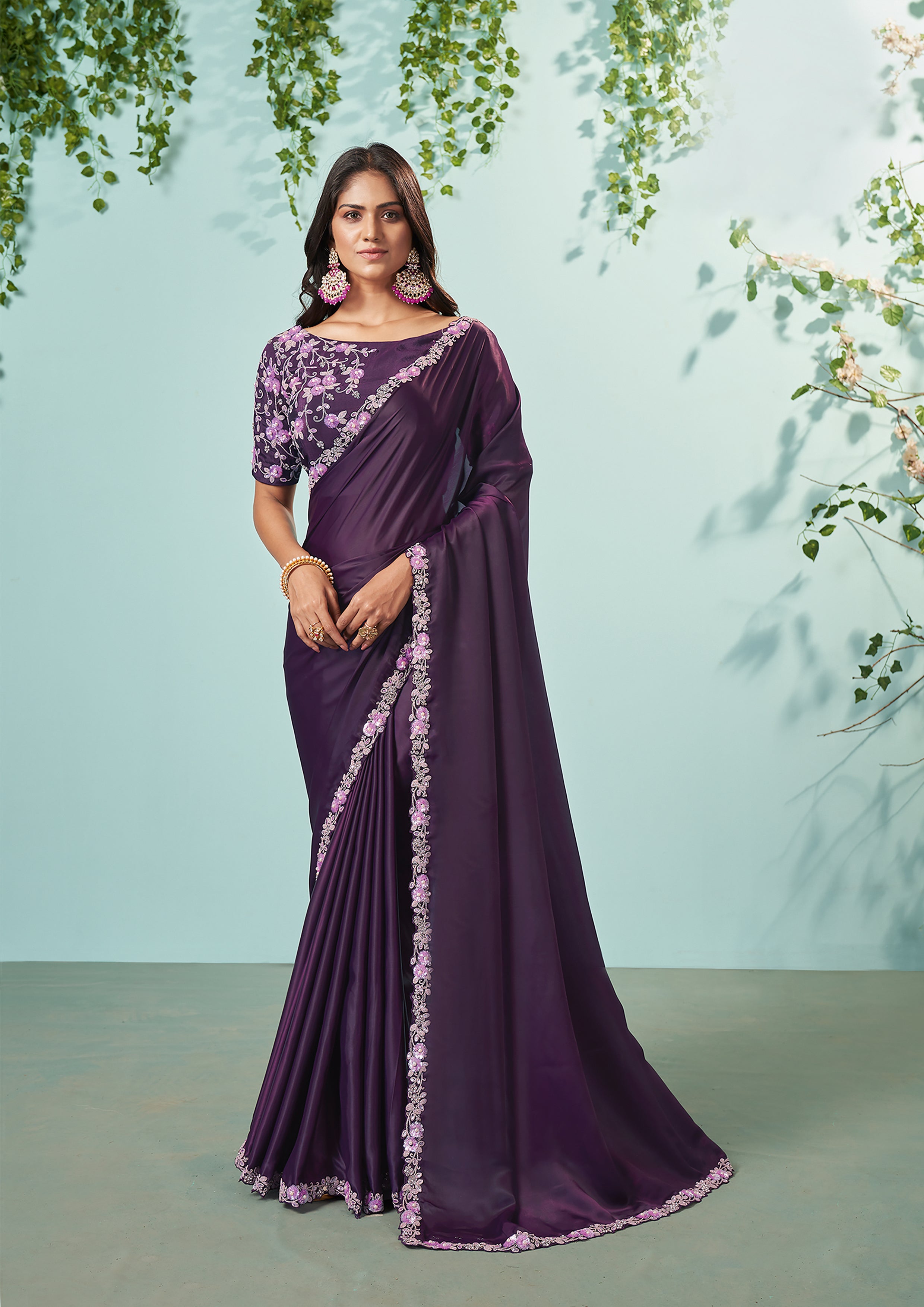 Deep Purple Embellished Satin Silk Saree