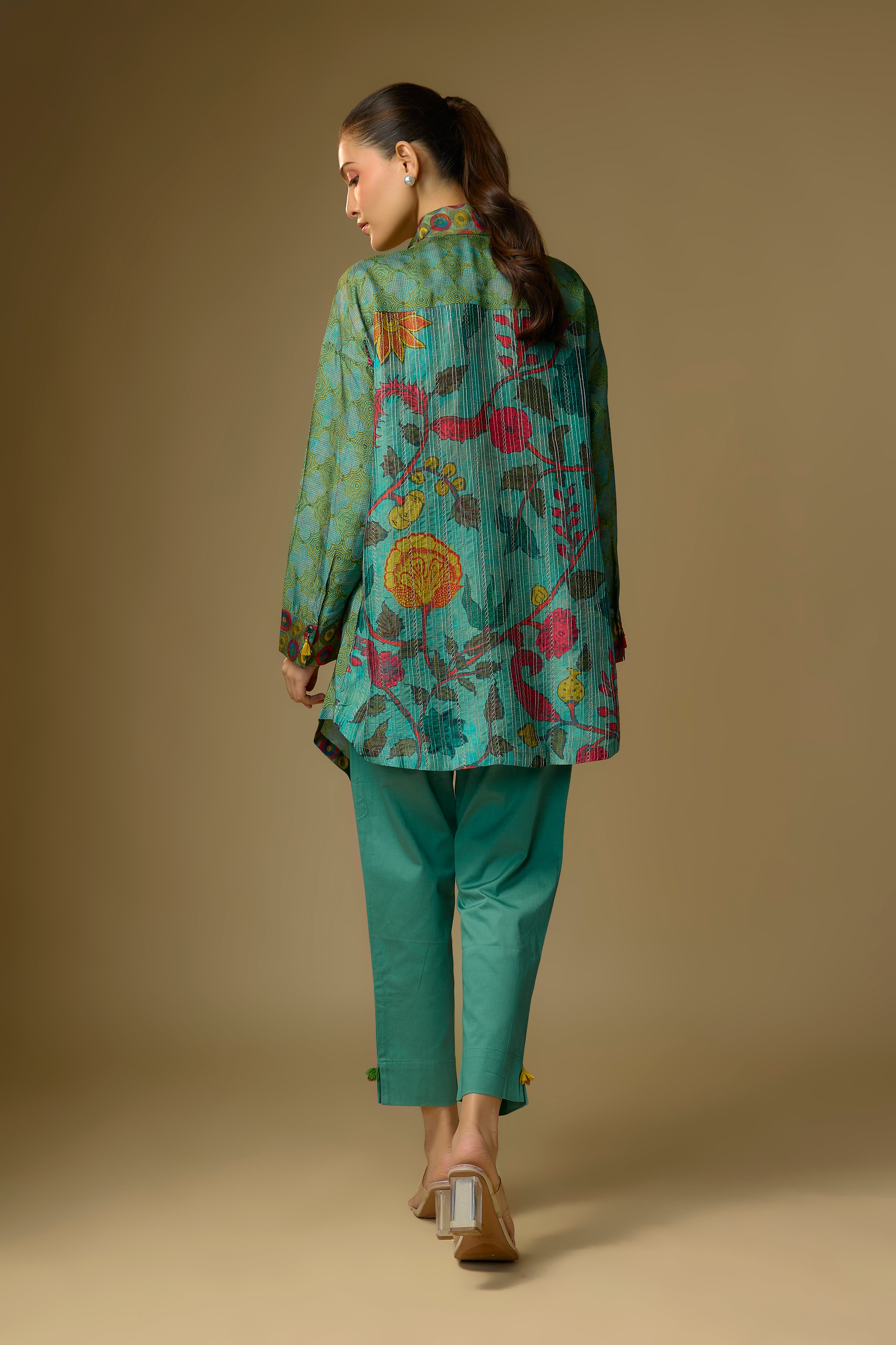 Duck Egg Blue Floral Printed Slub Cotton Silk Tunic Top